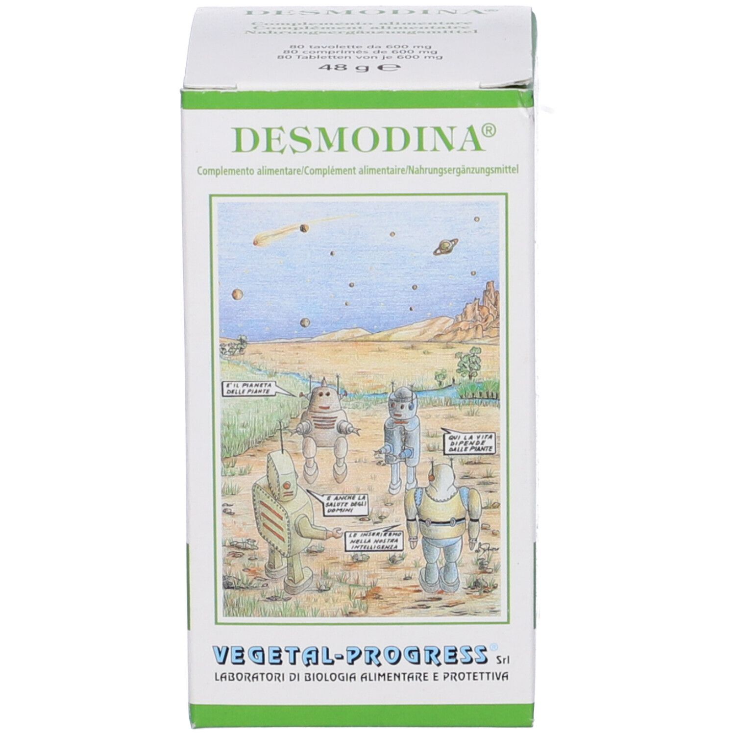 Confezione del prodotto. Scritta: Desmodina. Illustrazione di robot su un pianeta.