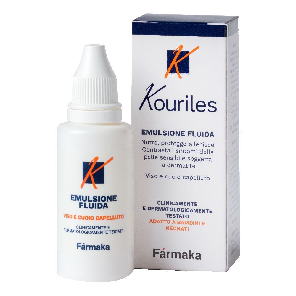 Flacone bianco con contagocce e scatola. Scritta: Kouriles Emulsione fluida. Per viso e cuoio capelluto.