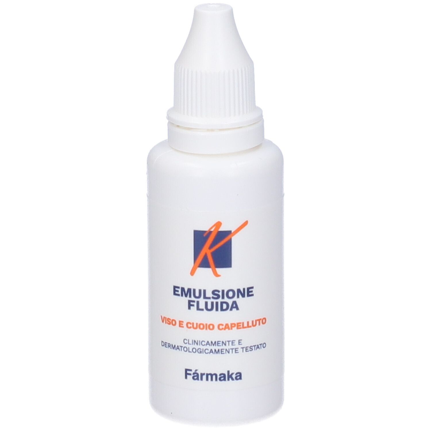 Flacone bianco con contagocce. Scritta: Emulsione fluida, per viso e cuoio capelluto. Marchio: Farmaka.