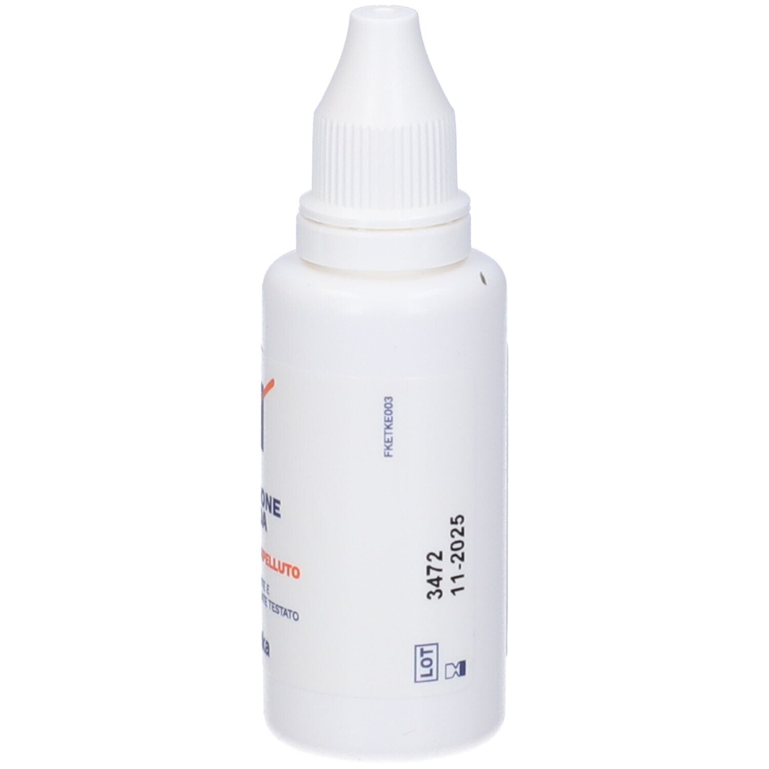 Flacone bianco con contagocce. Scritta: Emulsione fluida, per viso e cuoio capelluto. Marchio: Farmaka.