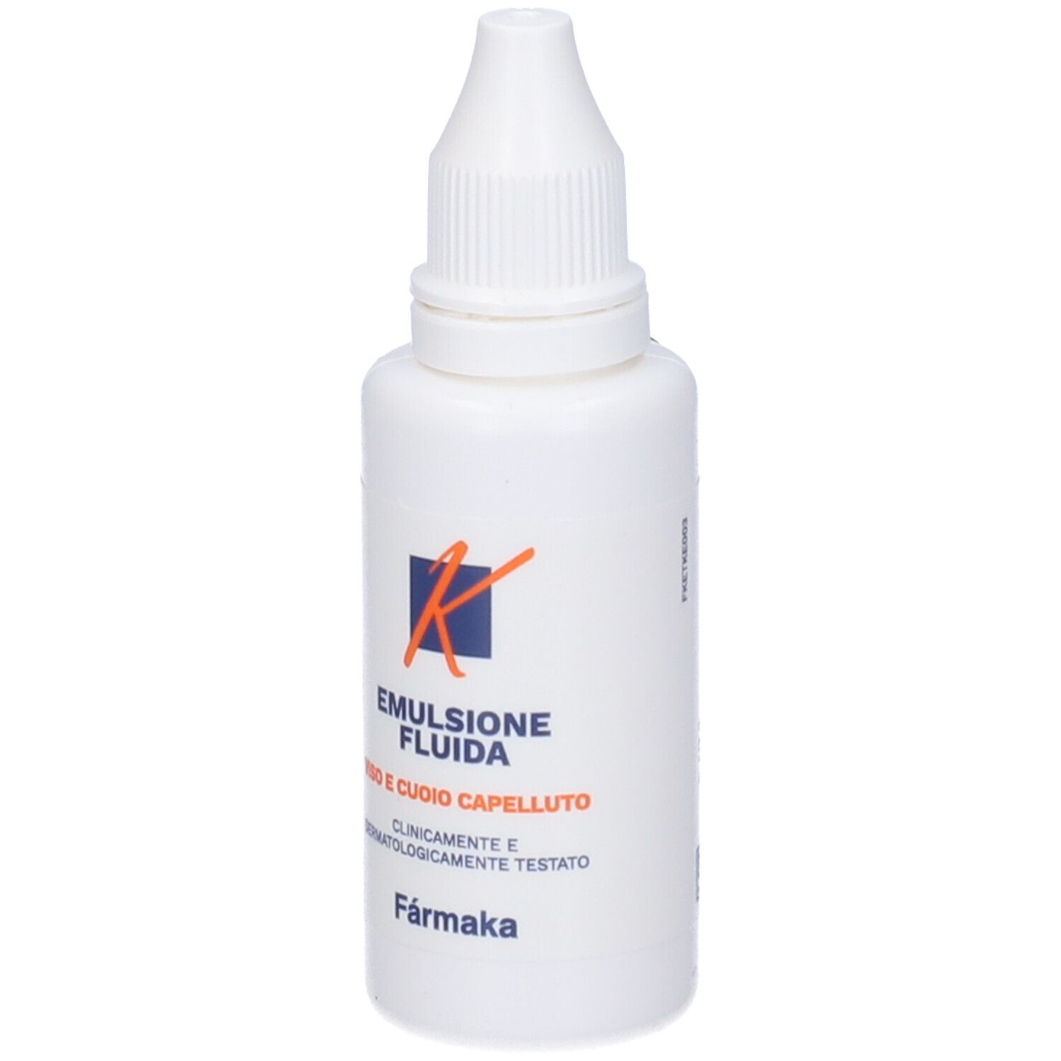 Flacone bianco con contagocce. Scritta: Emulsione fluida, per viso e cuoio capelluto. Marchio: Farmaka.