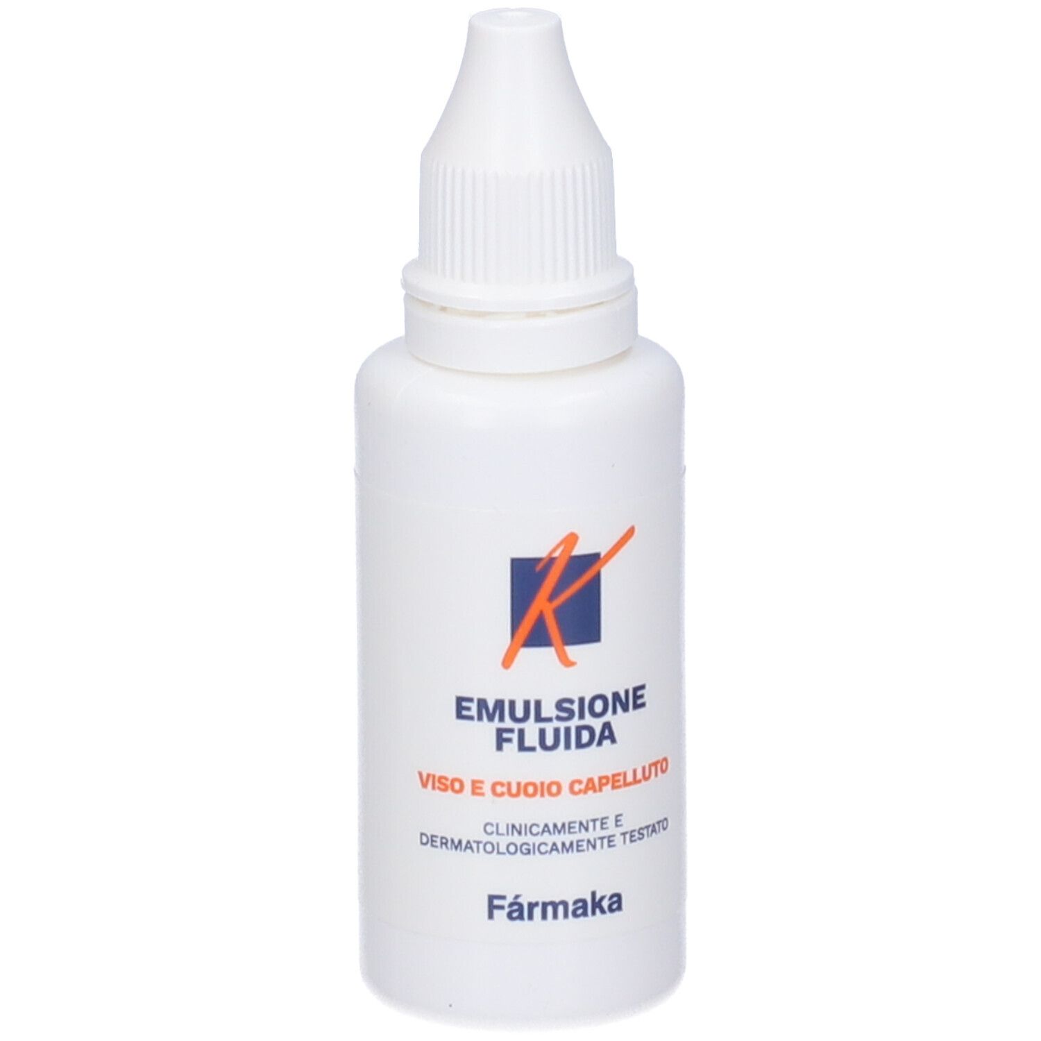 Flacone bianco con contagocce. Scritta: Emulsione fluida, per viso e cuoio capelluto. Marchio: Farmaka.