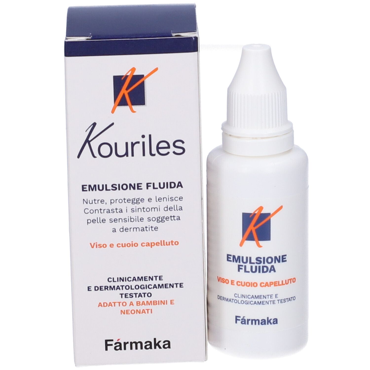 Flacone bianco con contagocce e scatola. Scritta: Kouriles Emulsione fluida. Per viso e cuoio capelluto.