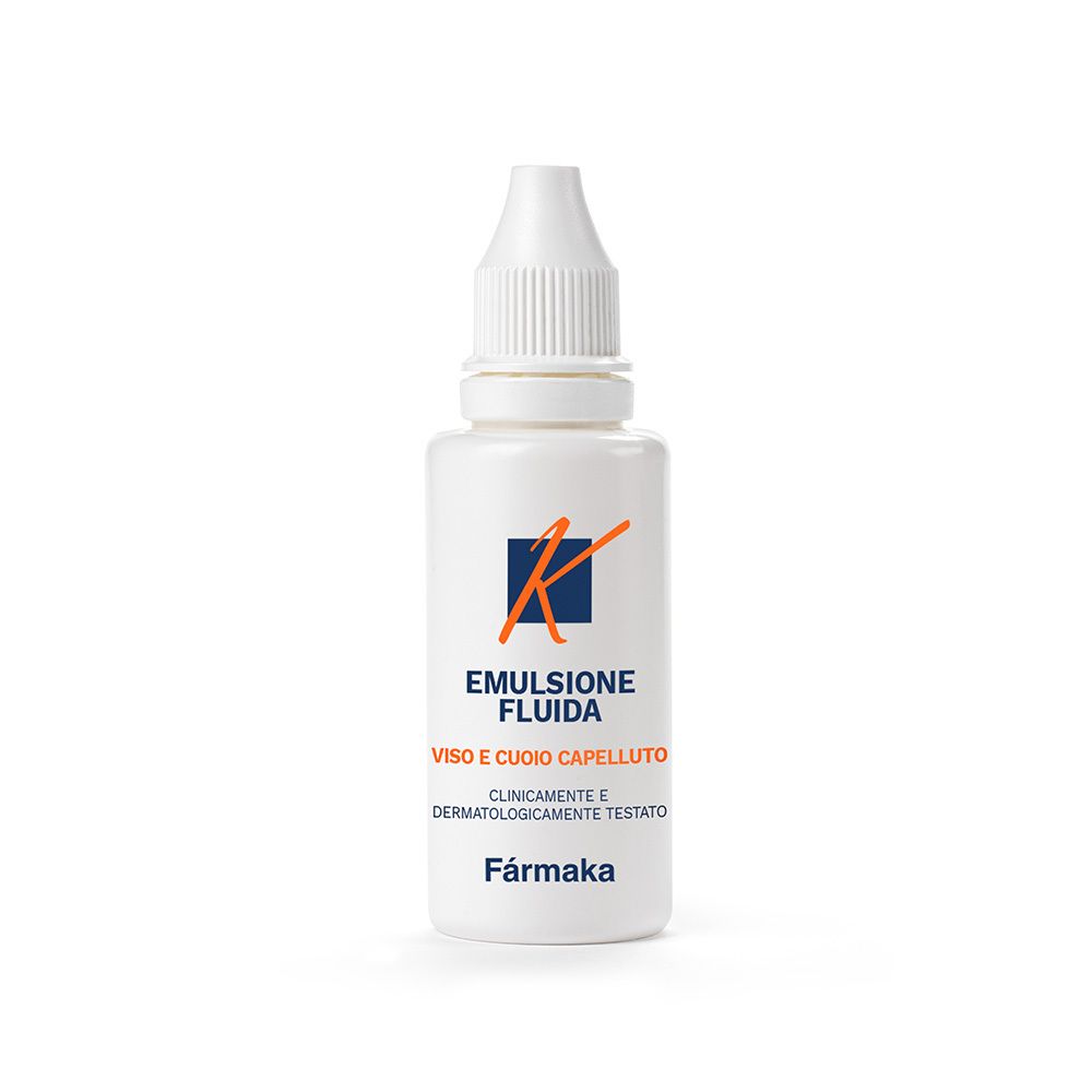 Flacone bianco con contagocce. Scritta: Emulsione fluida, per viso e cuoio capelluto. Marchio: Farmaka.