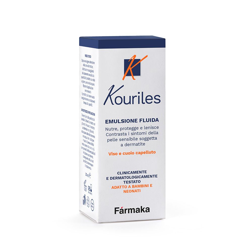 Scatola con scritta: Kouriles Emulsione fluida. Per viso e cuoio capelluto. Clinicamente testato. Adatto a bambini e neonati.