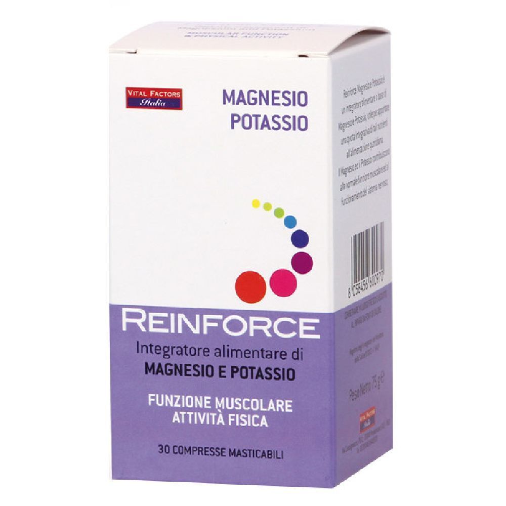 Scatola di Reinforce Magnesio + Potassio. Scritto: Magnesio Potassio, 30 Compresse Masticabili. Logo Vital Factors Italia.