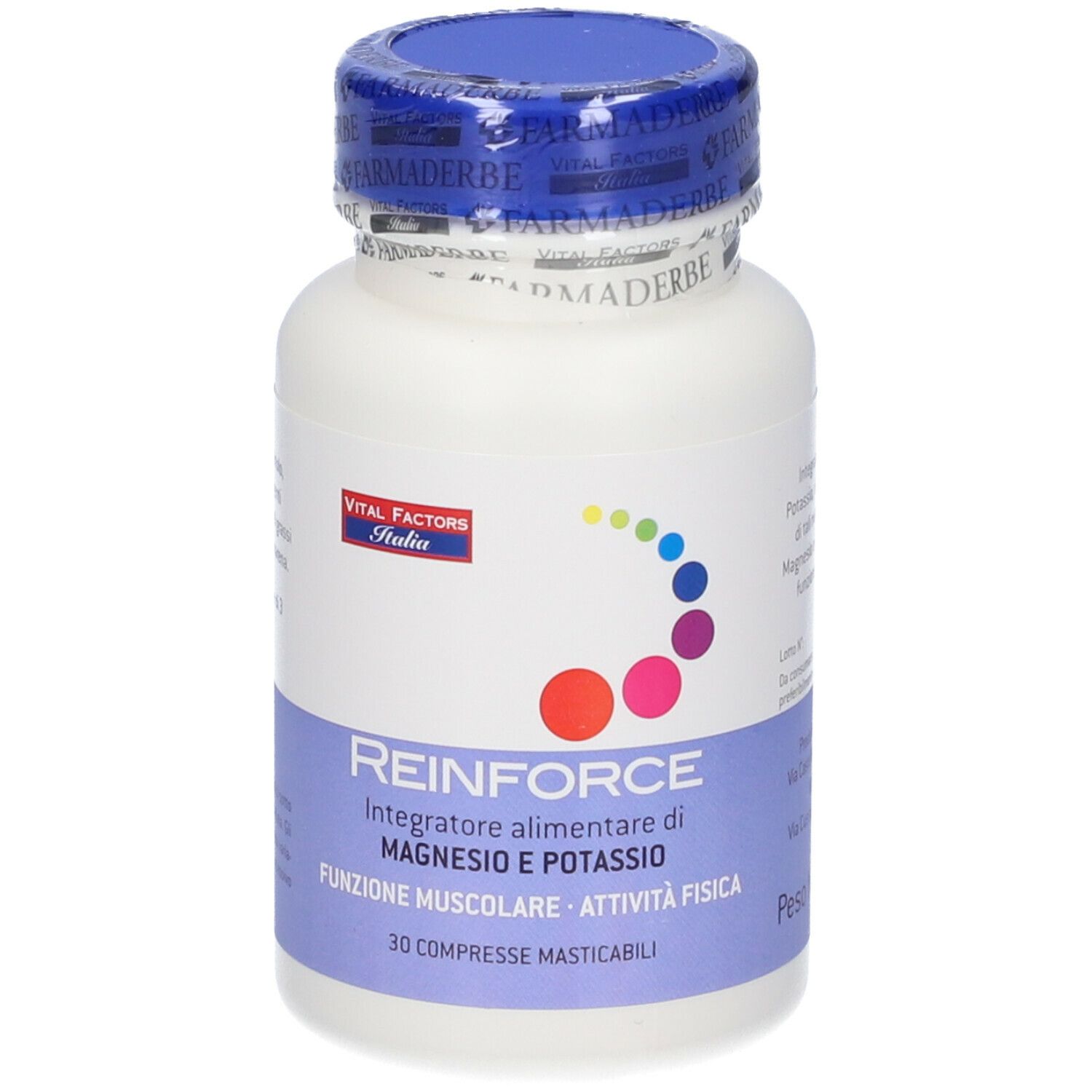 Flacone bianco Reinforce Magnesio + Potassio. Tappo blu. Scritto: 30 Compresse Masticabili. Logo Vital Factors Italia.