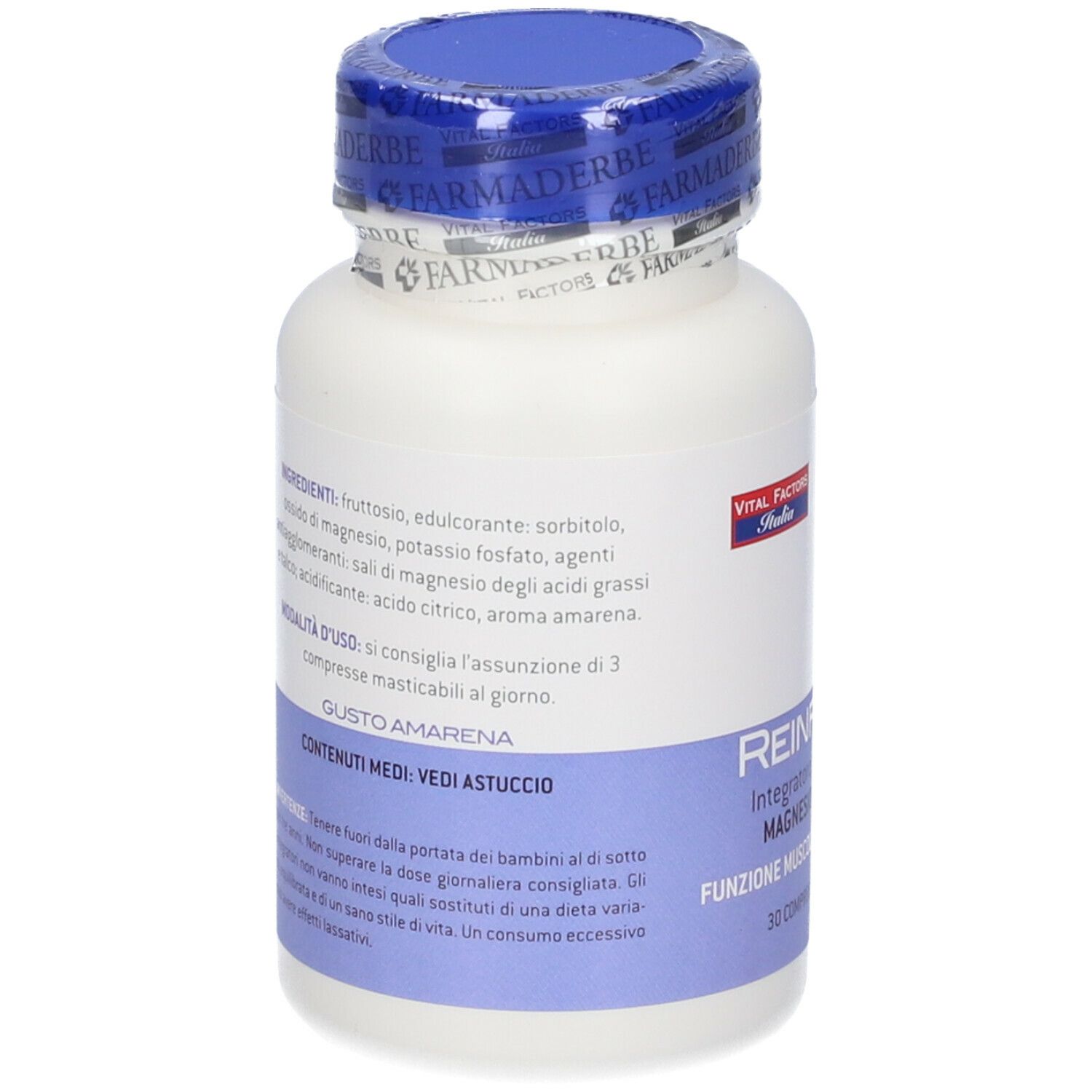 Retro del flacone bianco Reinforce Magnesio + Potassio. Tappo blu. Testo: Ingredienti, istruzioni per l'uso, avvertenze.