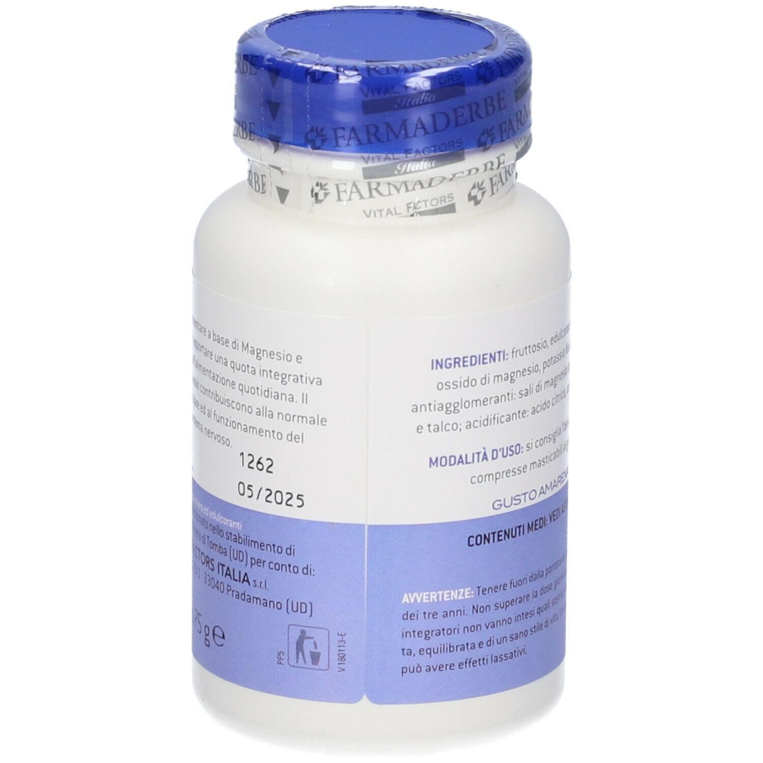 Retro del flacone bianco Reinforce Magnesio + Potassio. Tappo blu. Testo: Ingredienti, data di scadenza, produttore.