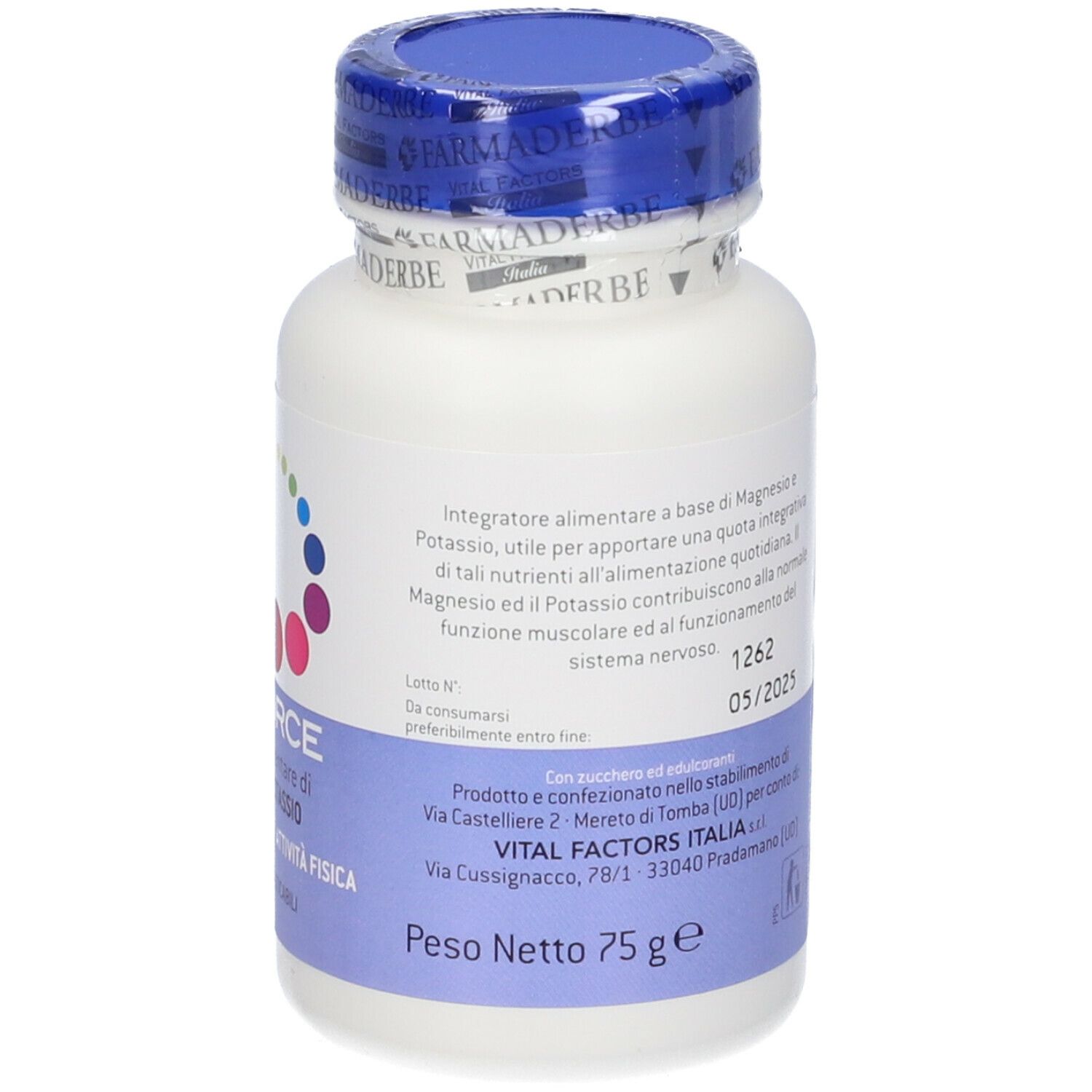 Flacone bianco Reinforce Magnesio + Potassio. Tappo blu. Testo: Ingredienti, data di scadenza, produttore, 75g.