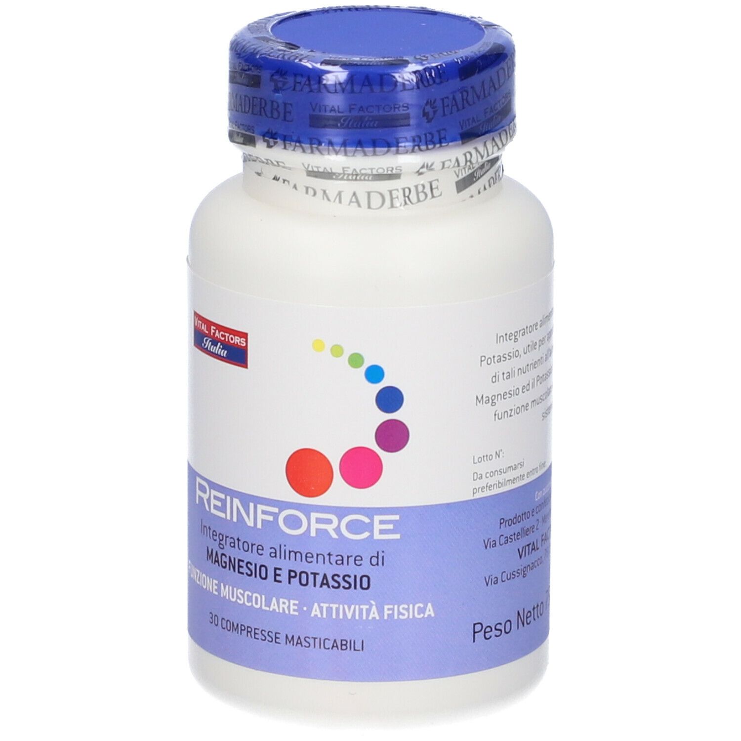 Flacone bianco Reinforce Magnesio + Potassio. Tappo blu. Scritto: 30 Compresse Masticabili. Logo Vital Factors Italia.