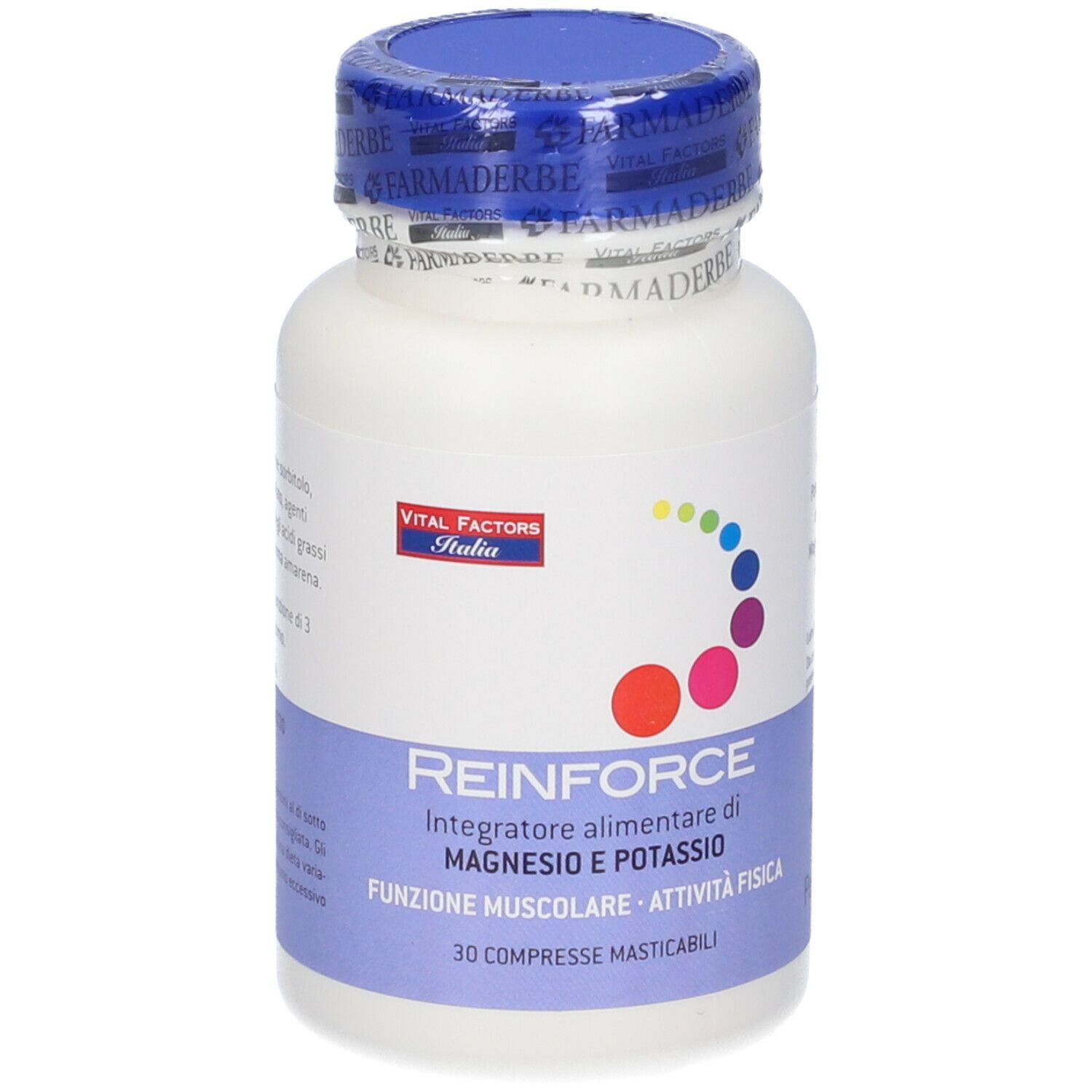 Flacone bianco Reinforce Magnesio + Potassio. Tappo blu. Scritto: 30 Compresse Masticabili. Logo Vital Factors Italia.