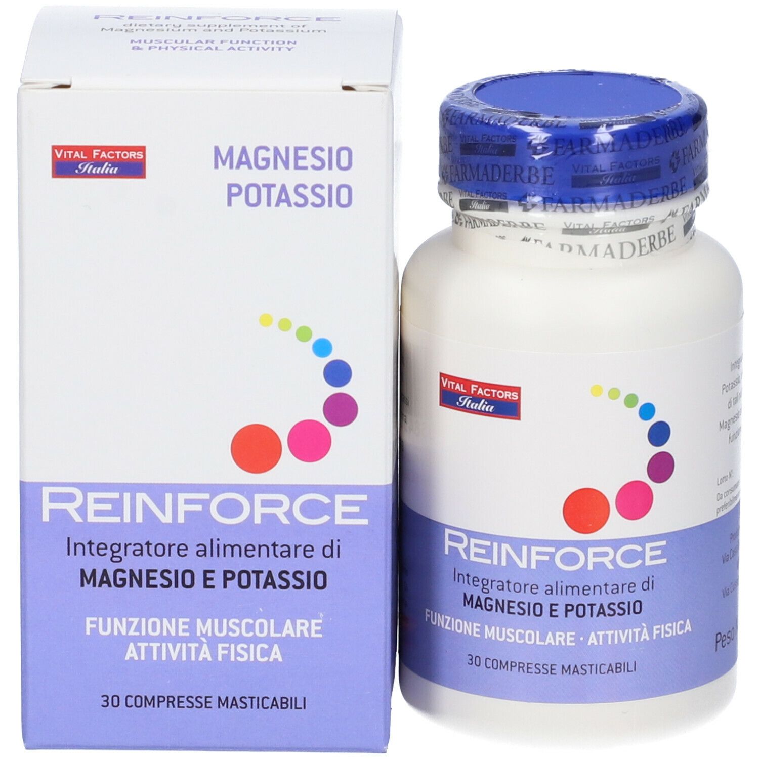 Reinforce Magnesio + Potassio, flacone e scatola. Scritto: 30 Compresse Masticabili. Logo Vital Factors Italia.