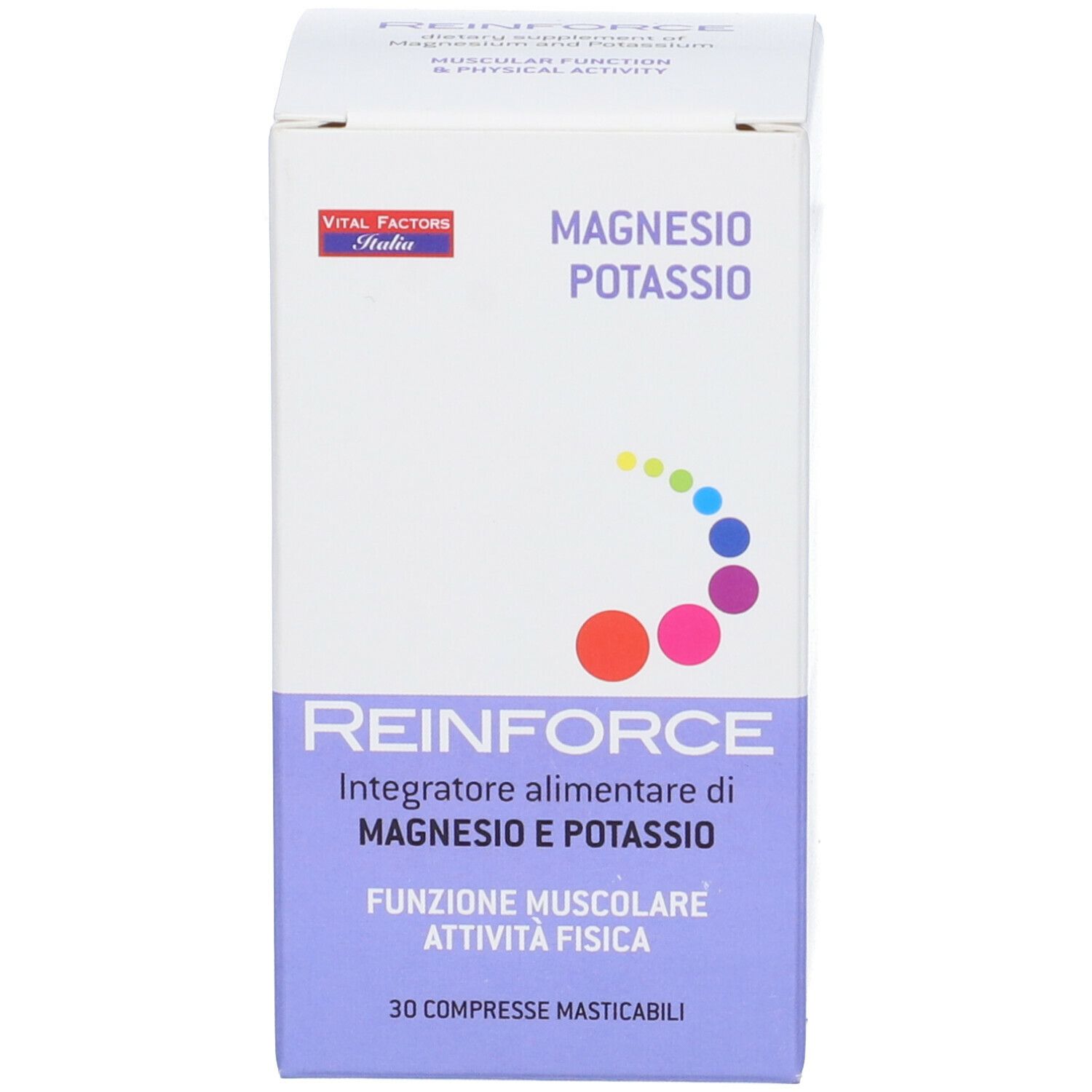 Scatola Reinforce Magnesio + Potassio. Scritto: Magnesio Potassio, 30 Compresse Masticabili. Logo Vital Factors Italia.