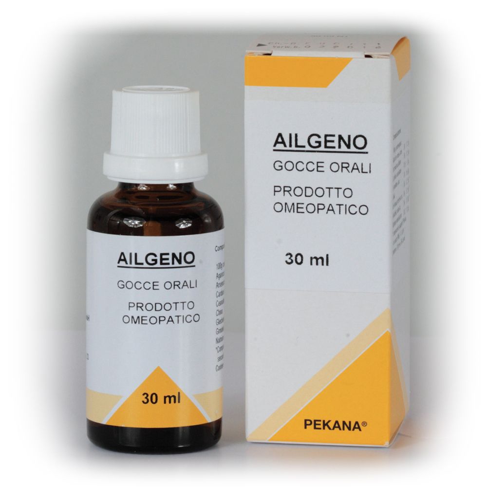 Flacone di vetro marrone e scatola. Scritta Ailgeno, Gocce Orali, 30 ml. Denominazione del prodotto in italiano.