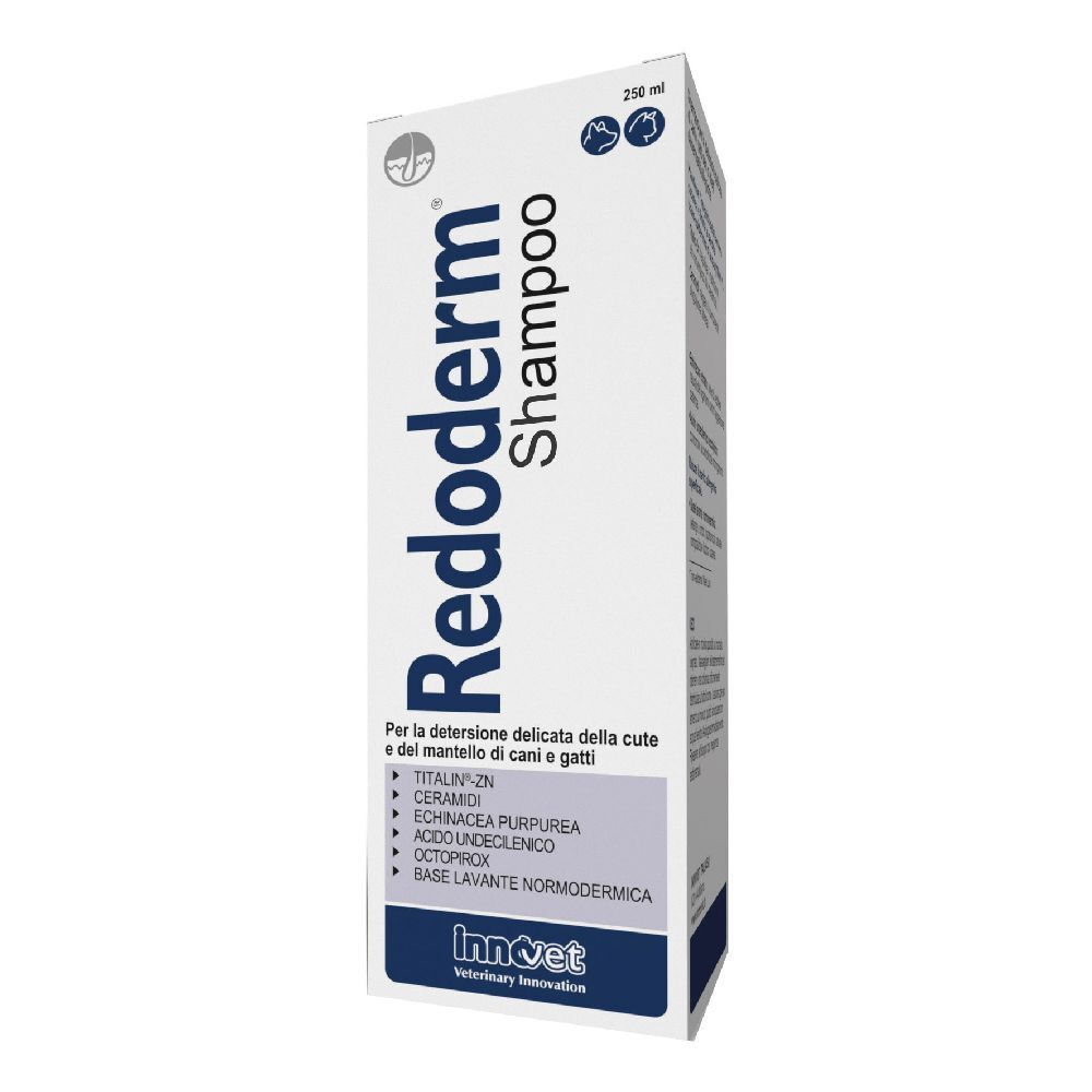 Scatola di shampoo Redoderm. Con nome del prodotto e ingredienti. Per cani e gatti.