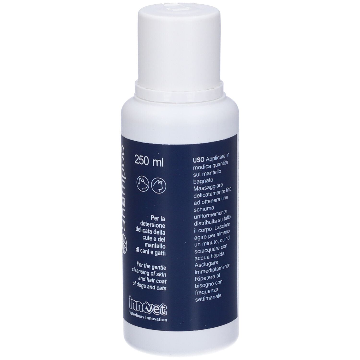 Flacone di shampoo Redoderm. Bottiglia bianca con etichetta blu. Per cani e gatti. 250 ml.