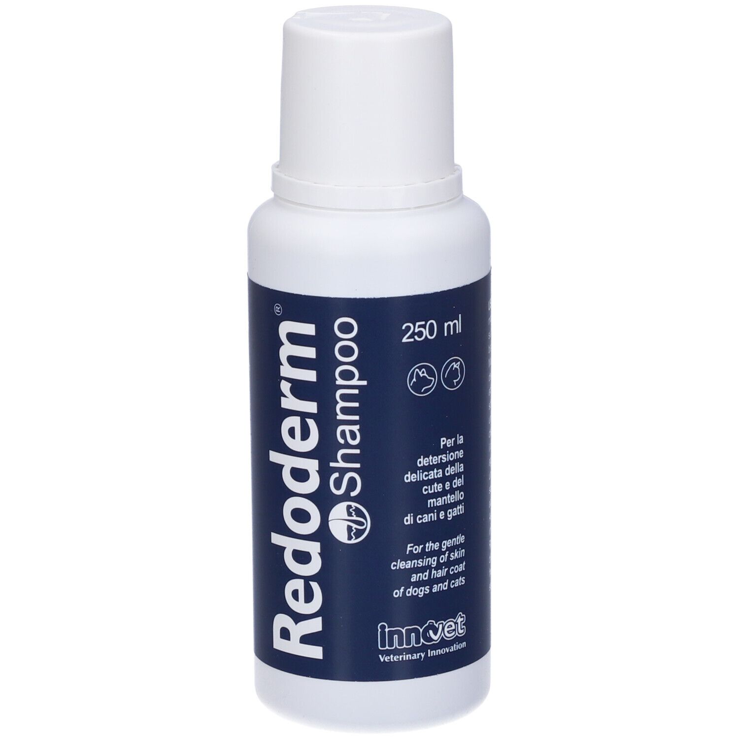 Flacone di shampoo Redoderm. Bottiglia bianca con etichetta blu. Per cani e gatti. 250 ml.