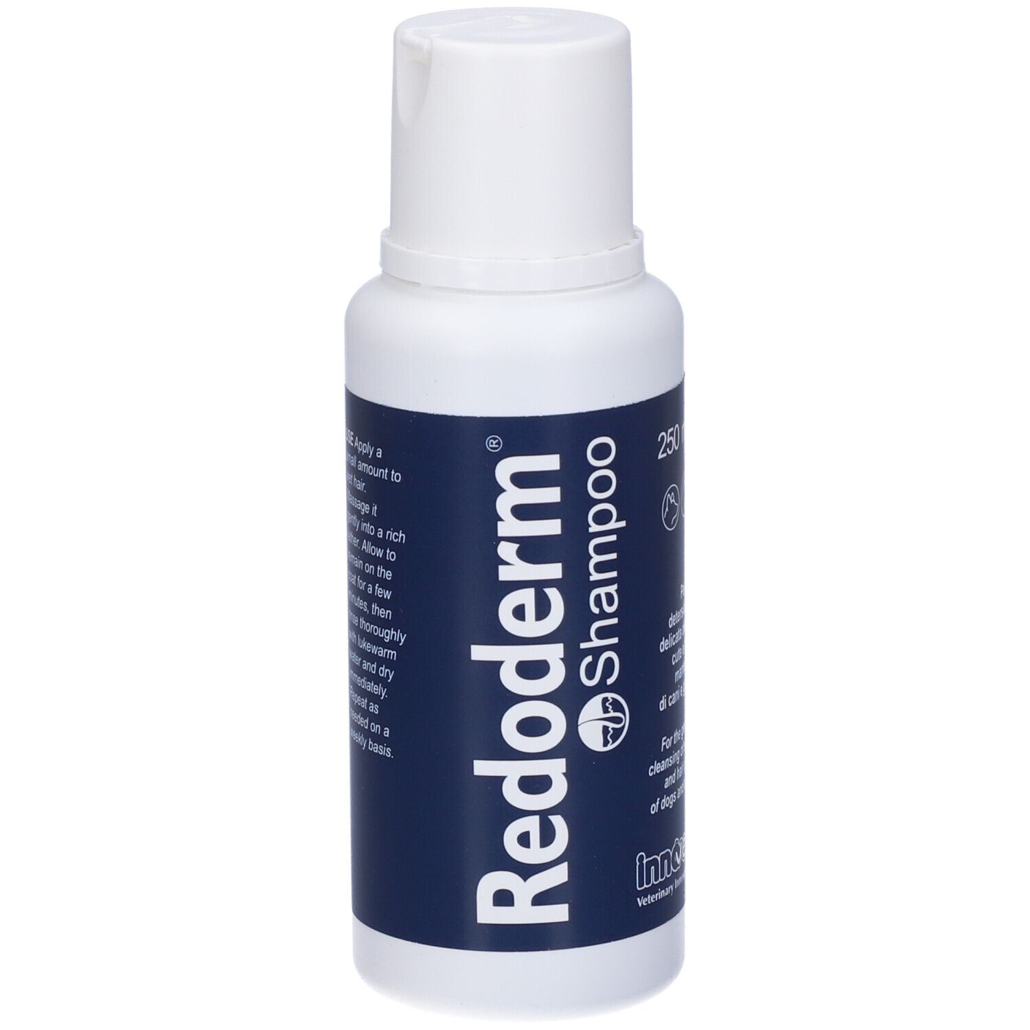 Flacone di shampoo Redoderm. Bottiglia bianca con etichetta blu. Per cani e gatti. 250 ml.