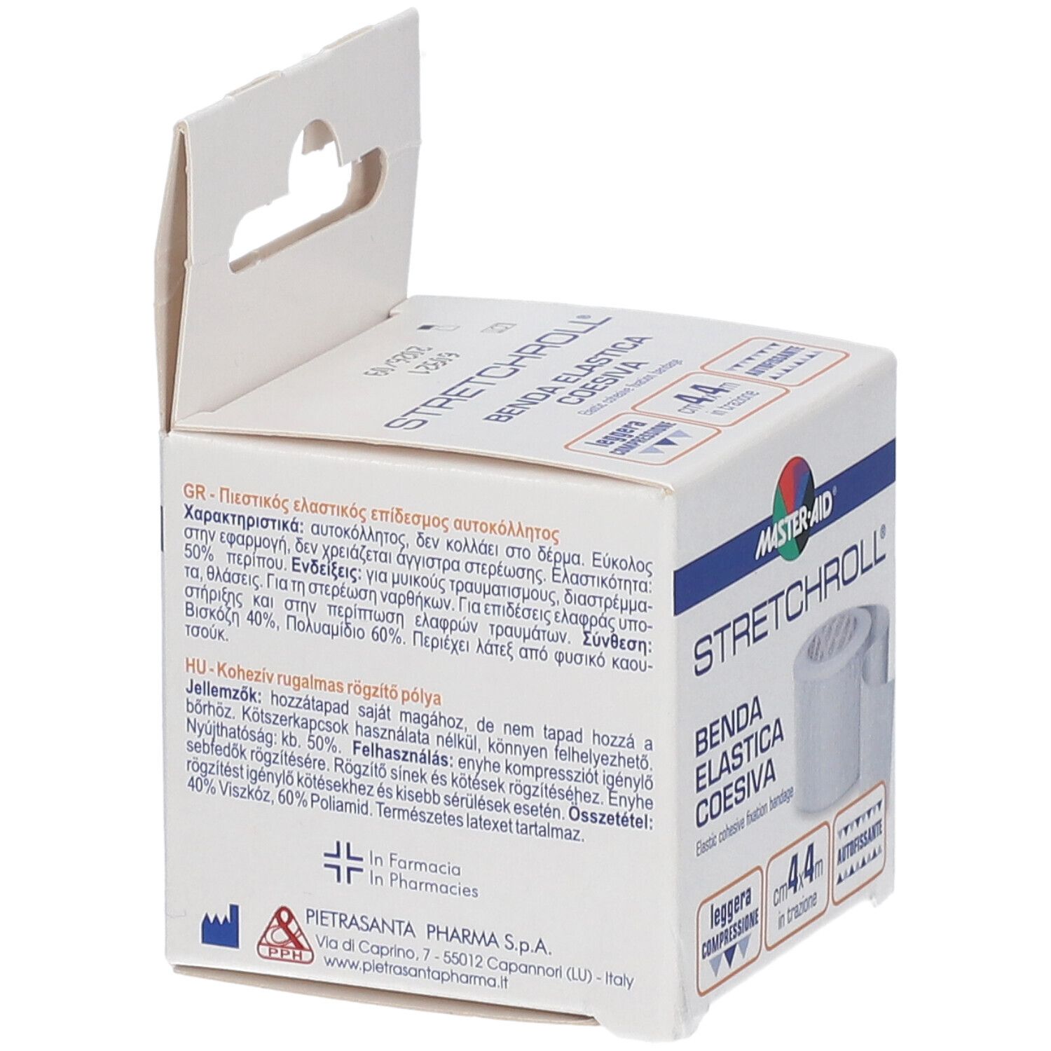 Kartonverpackung von MASTER•AID STRETCHROLL. Aufdrucke in mehreren Sprachen. Logo, Benda Elastica Coesiva, cm 4,4.