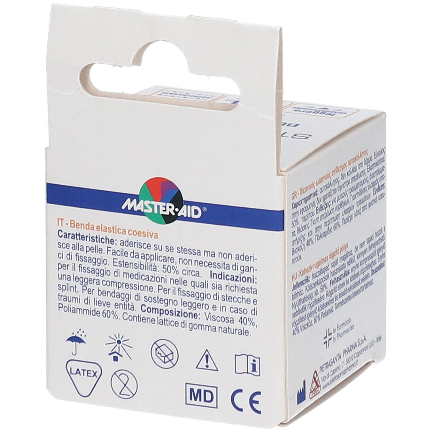 Rückseite der MASTER•AID STRETCHROLL Verpackung. Text in mehreren Sprachen. Latex-Symbol, MD-Kennzeichnung.