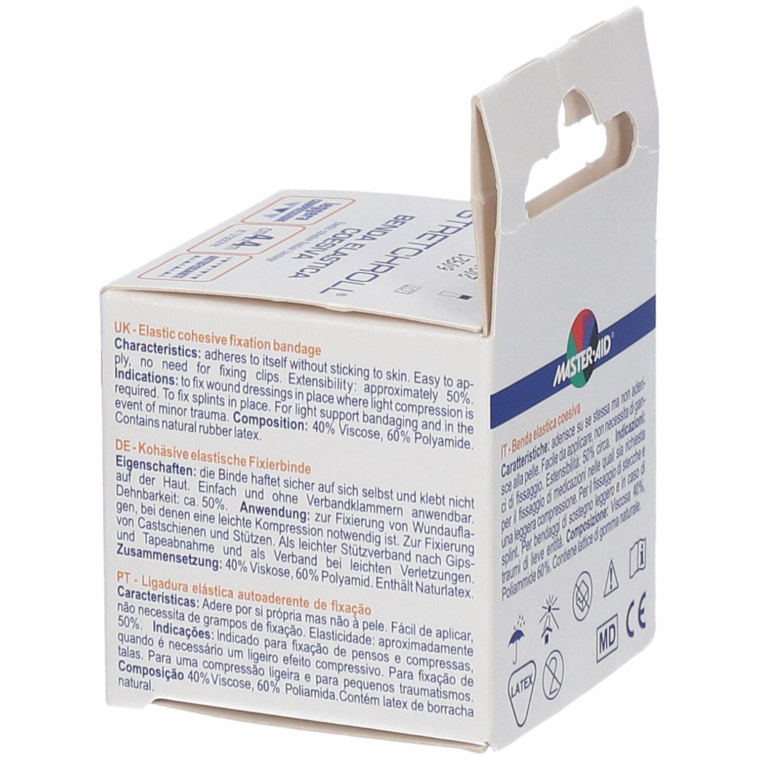 Seitenansicht der MASTER•AID STRETCHROLL Verpackung. Text in mehreren Sprachen. CE-Kennzeichnung.