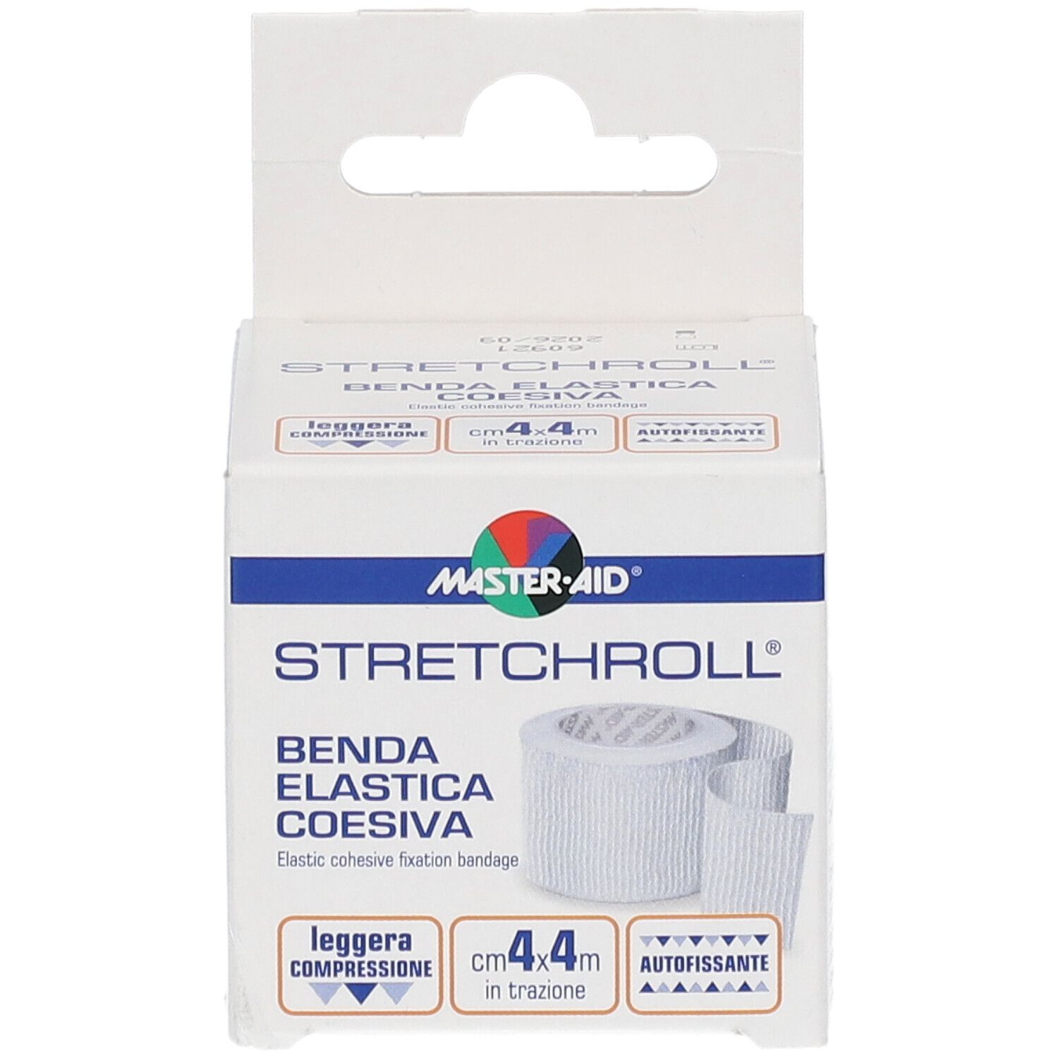 Weiße MASTER•AID STRETCHROLL in Kartonverpackung. Aufdrucke: Benda Elastica Coesiva, cm 4,4, leichte Kompression.