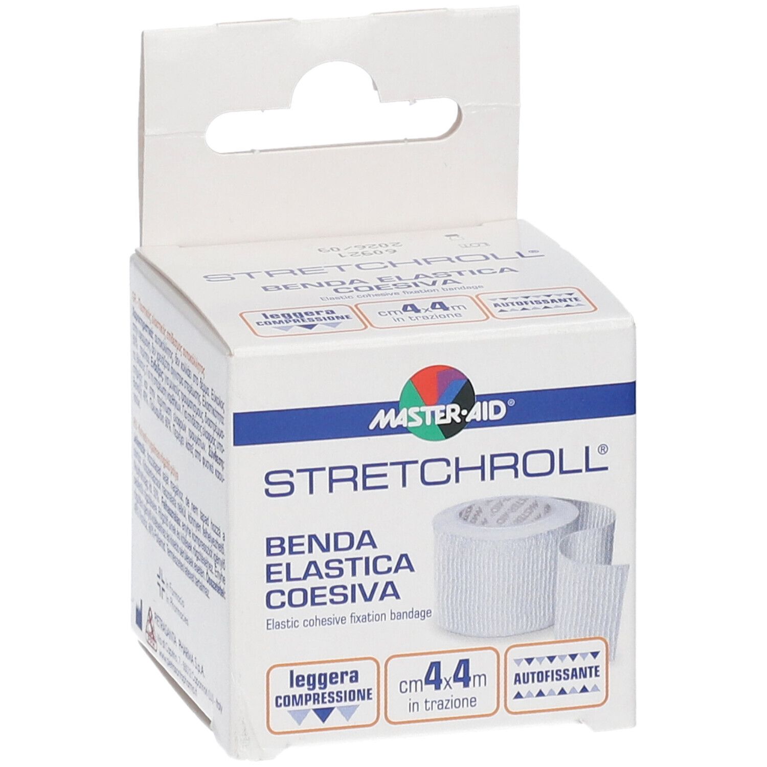 Weiße MASTER•AID STRETCHROLL in Kartonverpackung. Aufdrucke: Benda Elastica Coesiva, cm 4,4, leichte Kompression.