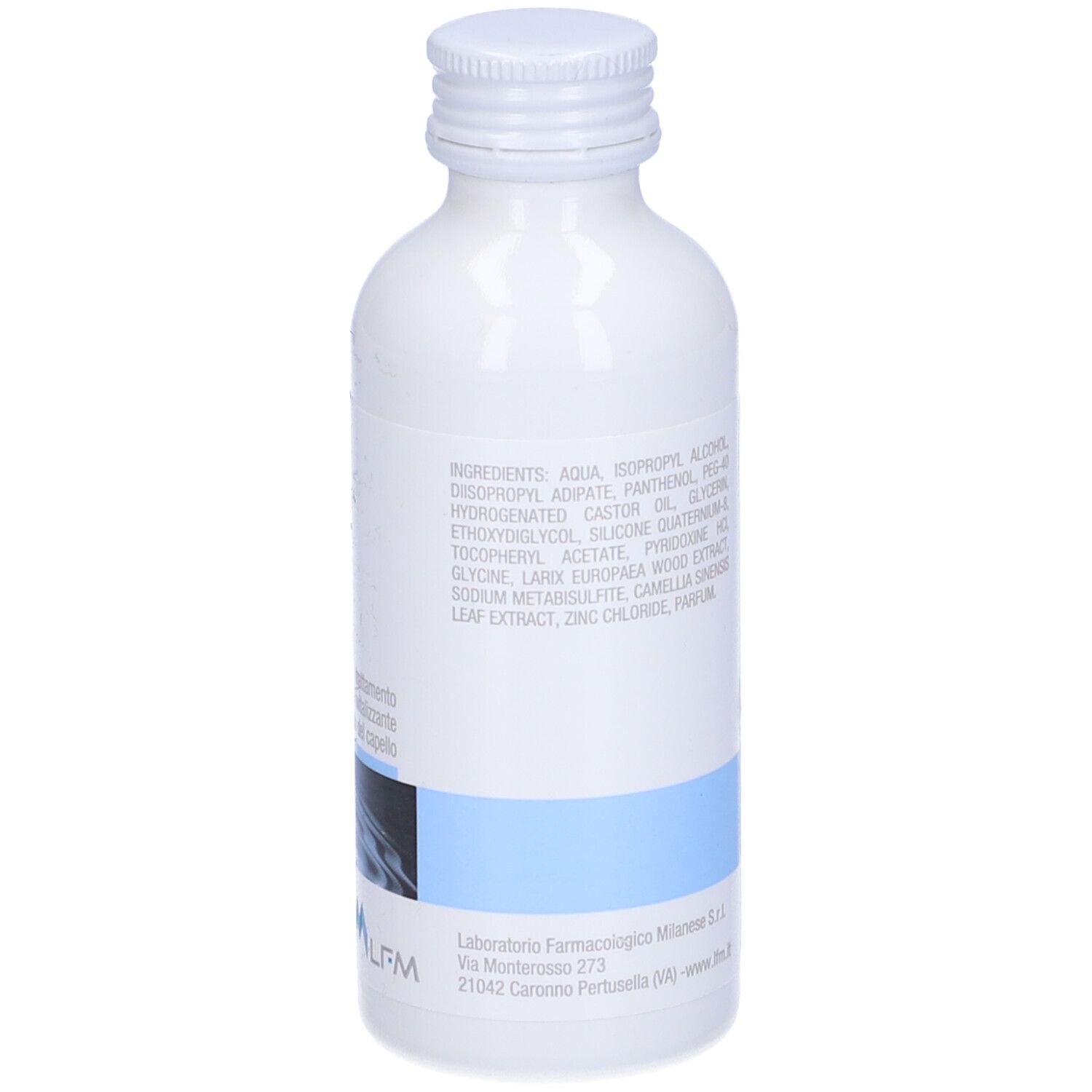 Flacone bianco con tappo a vite. Nome del prodotto e dettagli blu. Testo con ingredienti.