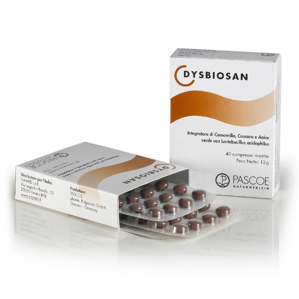 Packung mit Tabletten. Geöffnete Schachtel mit Tabletten in Blisterpackung. Aufschrift Dysbiosan und Pascoe Naturmedizin.