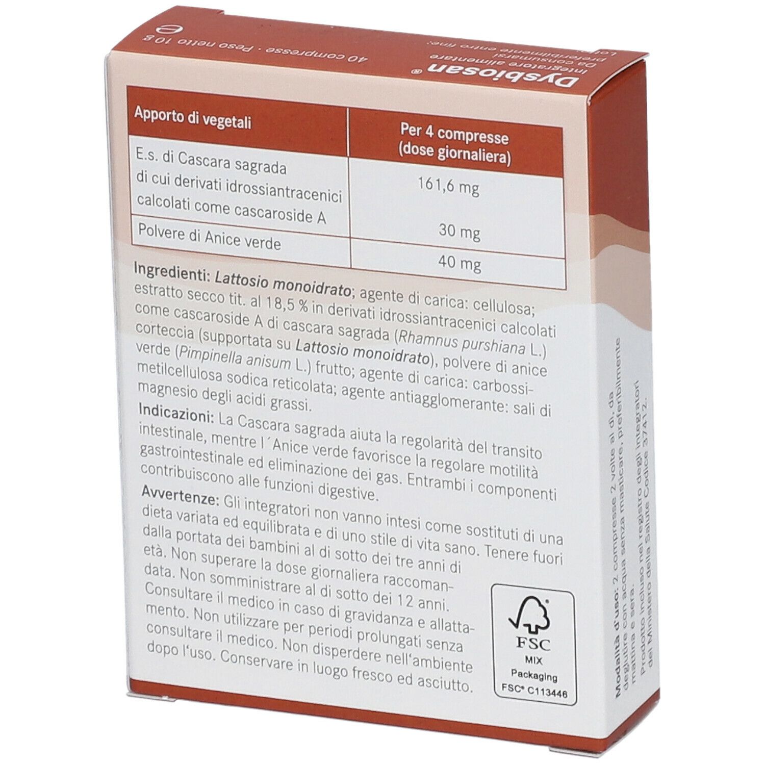 Rückseite der Produktverpackung mit Inhaltsangaben und Warnhinweisen. FSC-Logo.