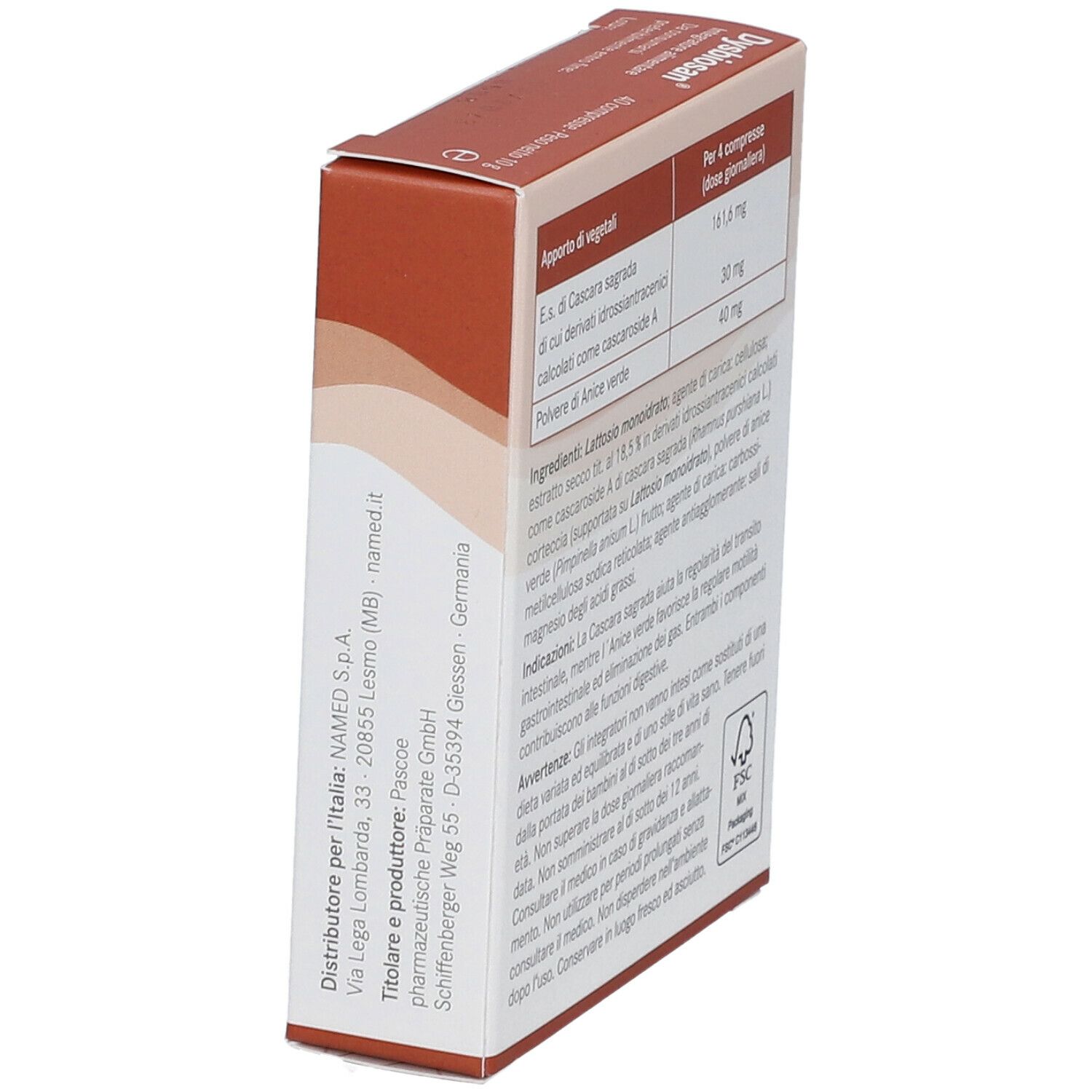 Produktverpackung mit Aufschrift Dysbiosan. Angaben zu Inhaltsstoffen und Hersteller. FSC-Logo.