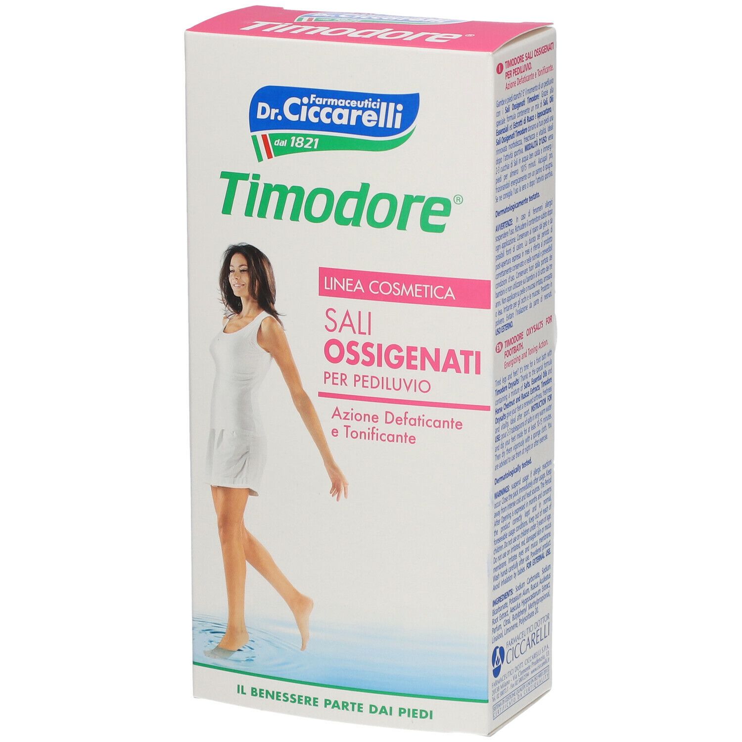 Confezione "Timodore" e "Sali Ossigenati". Donna in abito bianco. Confezione angolata.