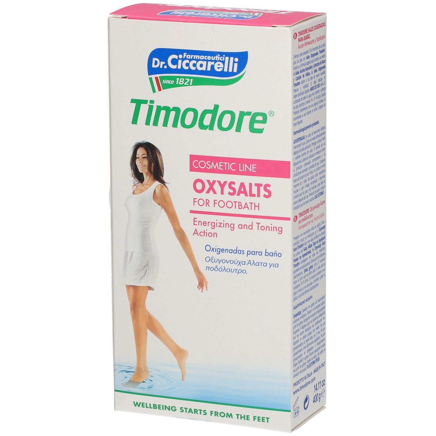 Confezione "Timodore" e "OxySalts". Donna in abito bianco. Confezione angolata.