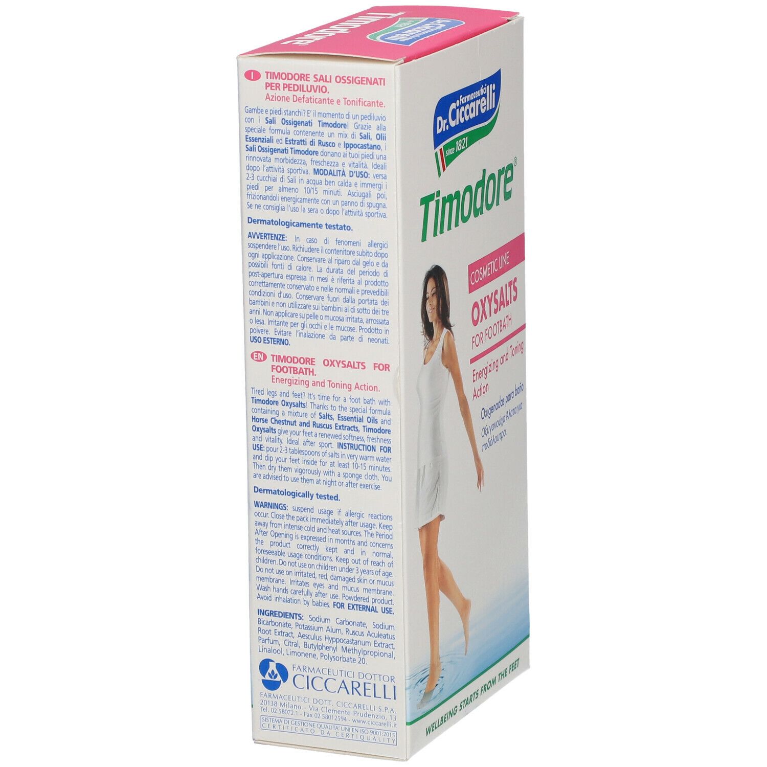 Confezione "Timodore" e "OxySalts". Donna in abito bianco. Confezione angolata.