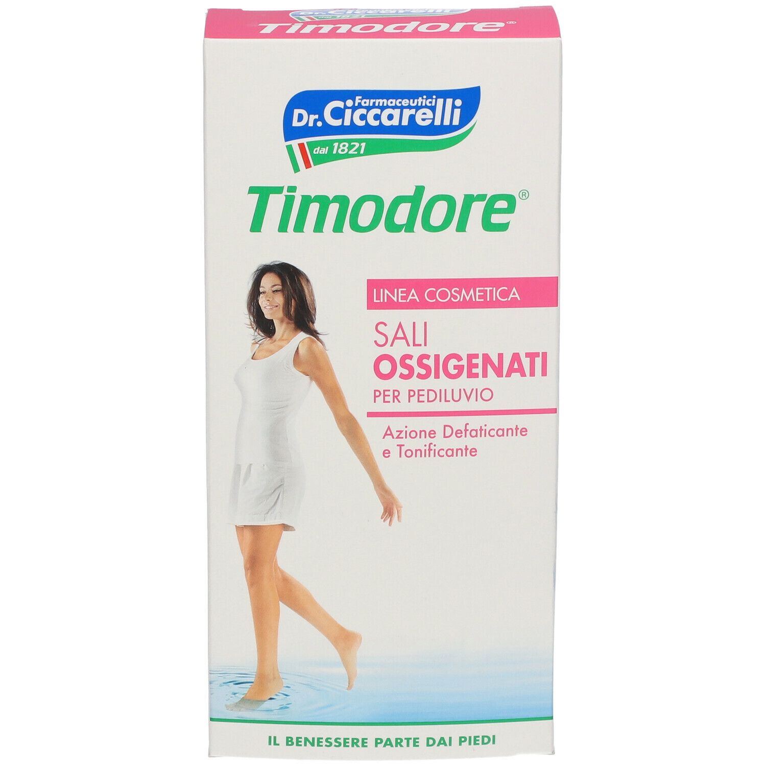 Confezione "Timodore" e "Sali Ossigenati". Donna in abito bianco. Confezione rosa e bianca.