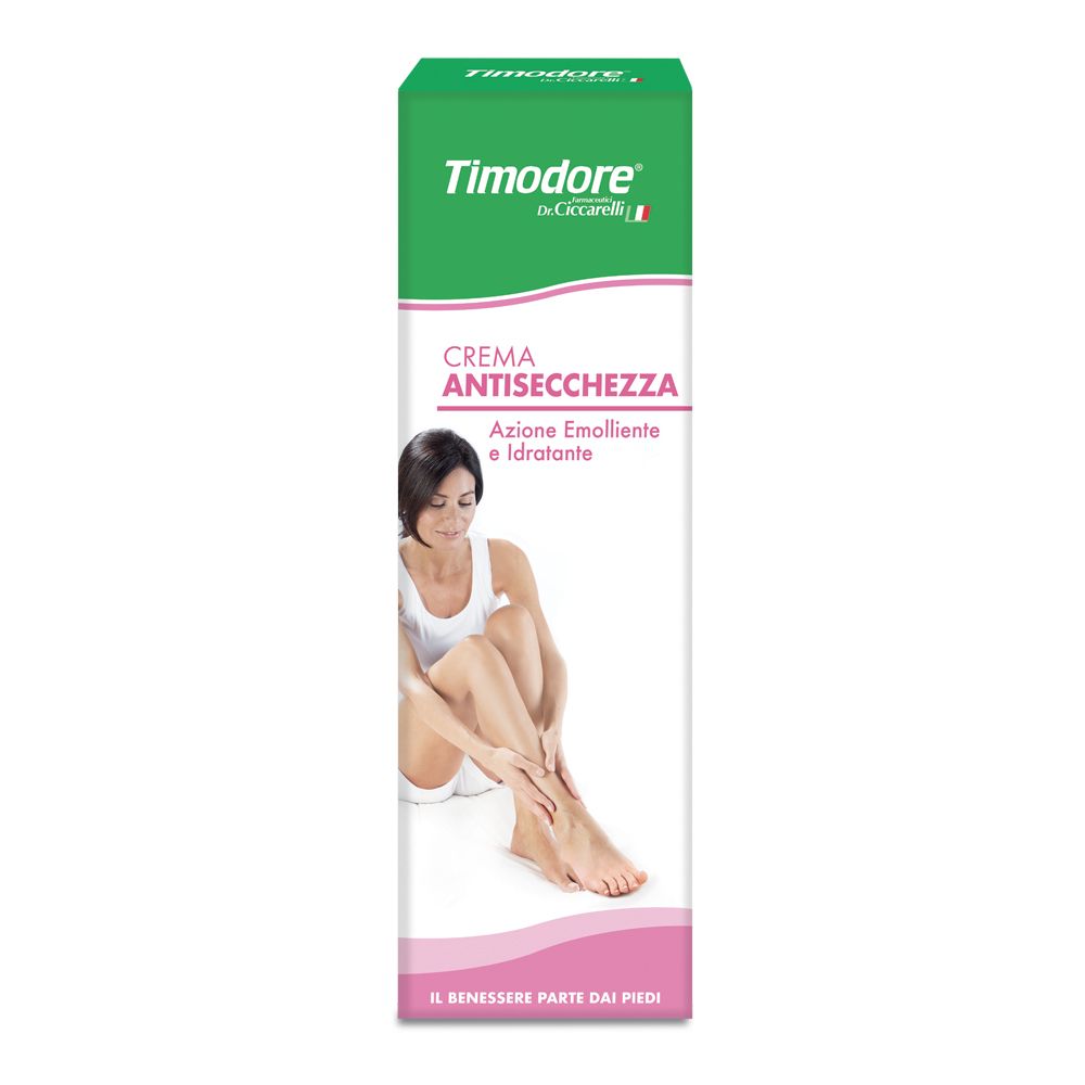 Grüne und weiße Verpackung. Aufschrift: Timodore, Crema Antisecchezza. Frau hält Fuß. Rosa Streifen.