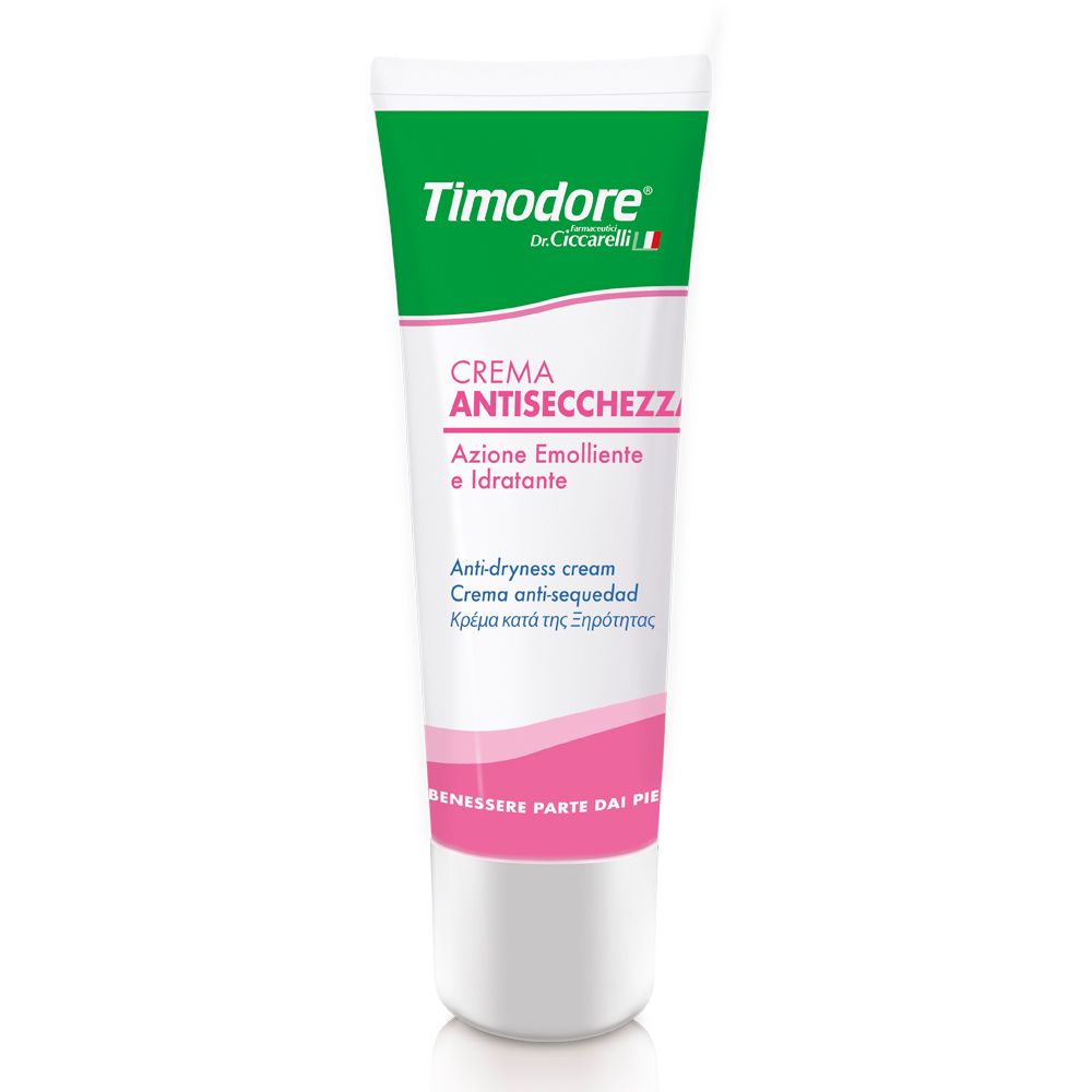 Weiße Tube mit grünem Deckel. Aufschrift: Timodore, Crema Antisecchezza. Rosa Streifen. Text in mehreren Sprachen.