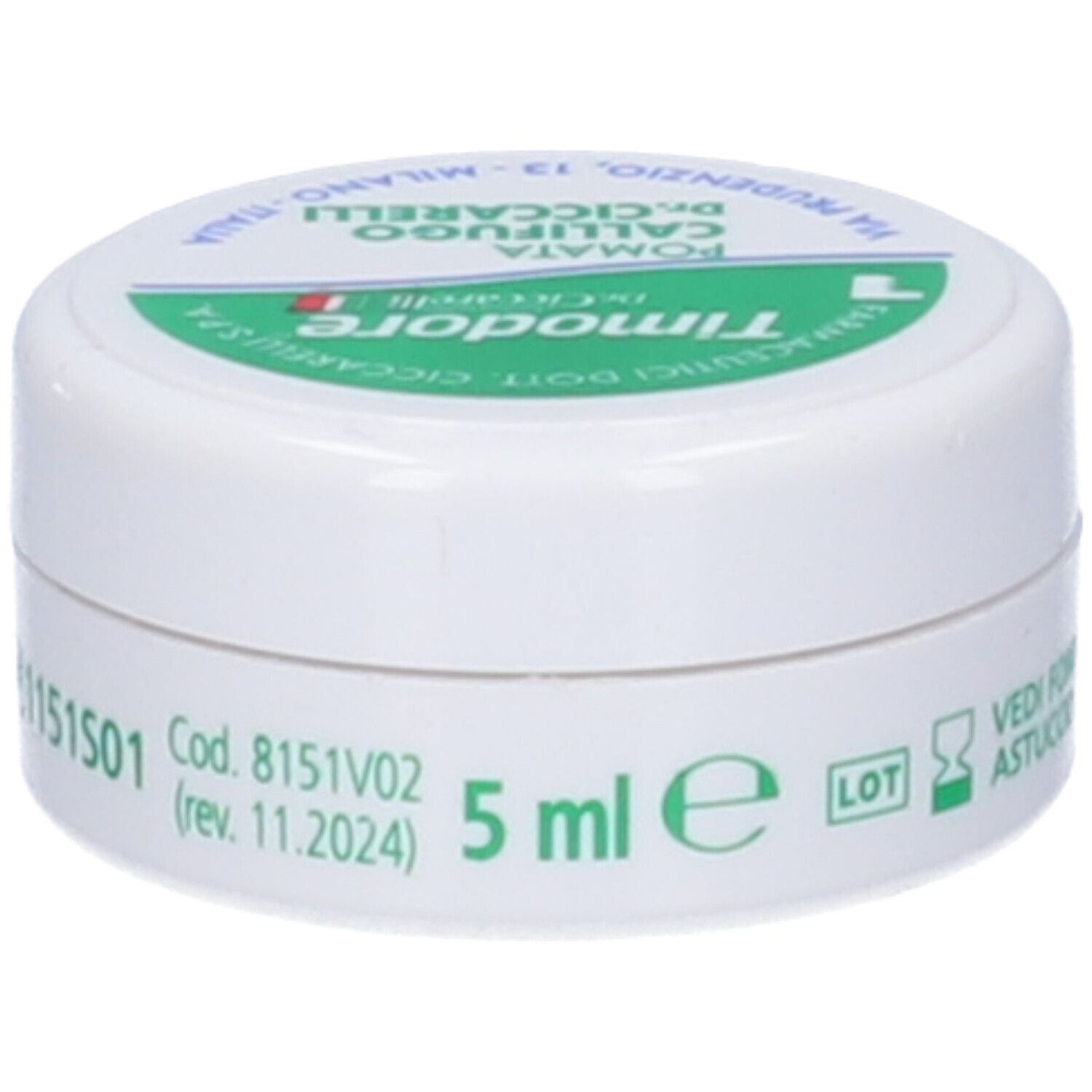 Kleine weiße Dose mit grünem Deckel, 5 ml. Enthält Callifugo-Salbe.