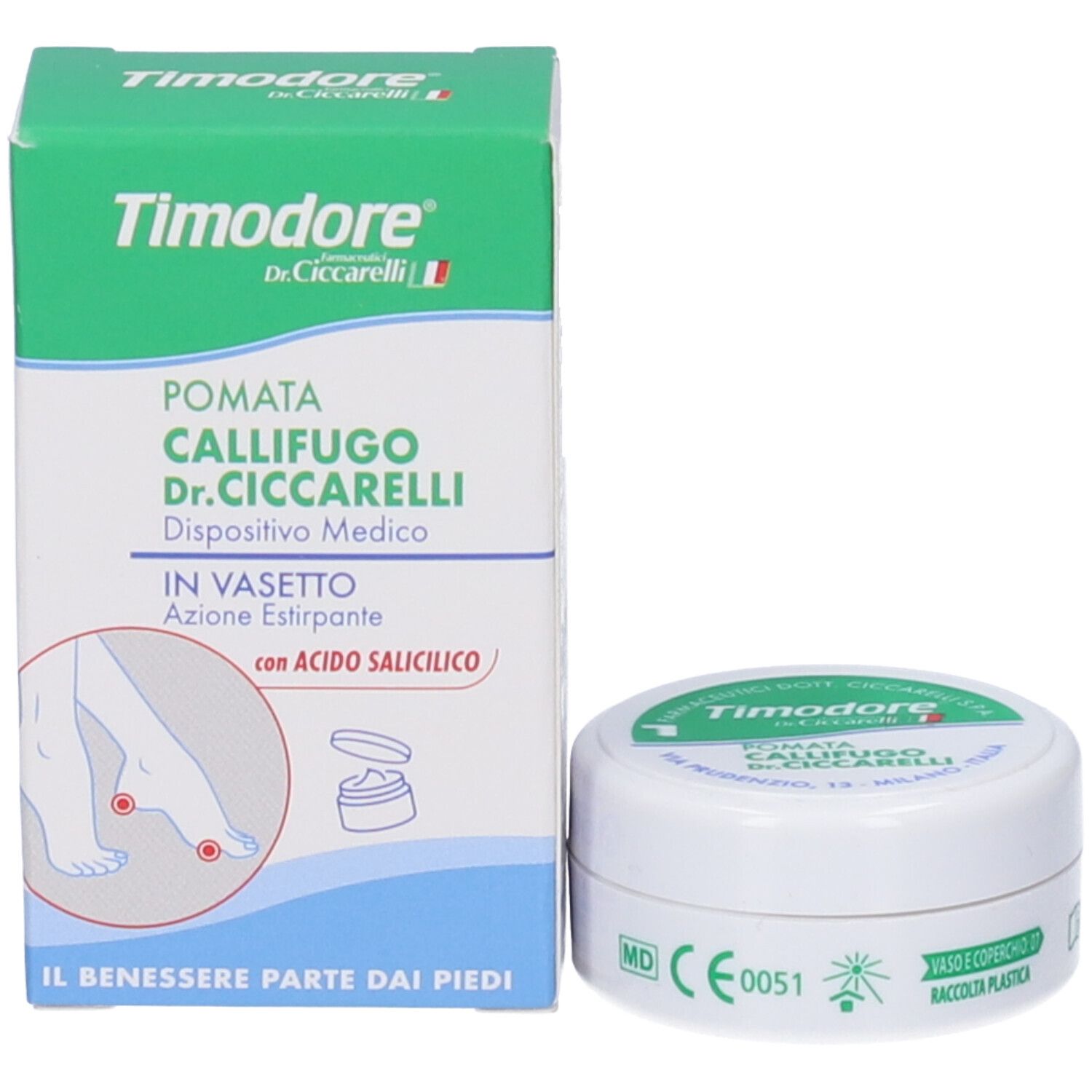 Verpackung und Dose der Callifugo-Salbe Dr. Ciccarelli. Medizinprodukt mit Salicylsäure.