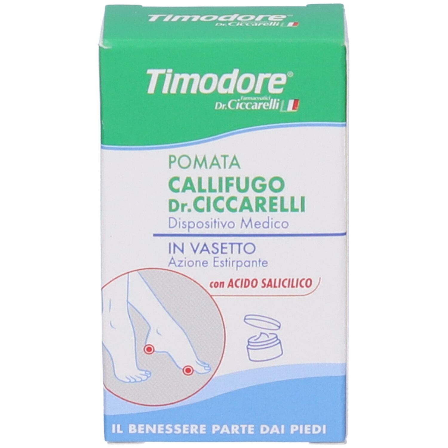 Grüne und weiße Verpackung für Callifugo-Salbe Dr. Ciccarelli. Medizinprodukt, 5 ml.