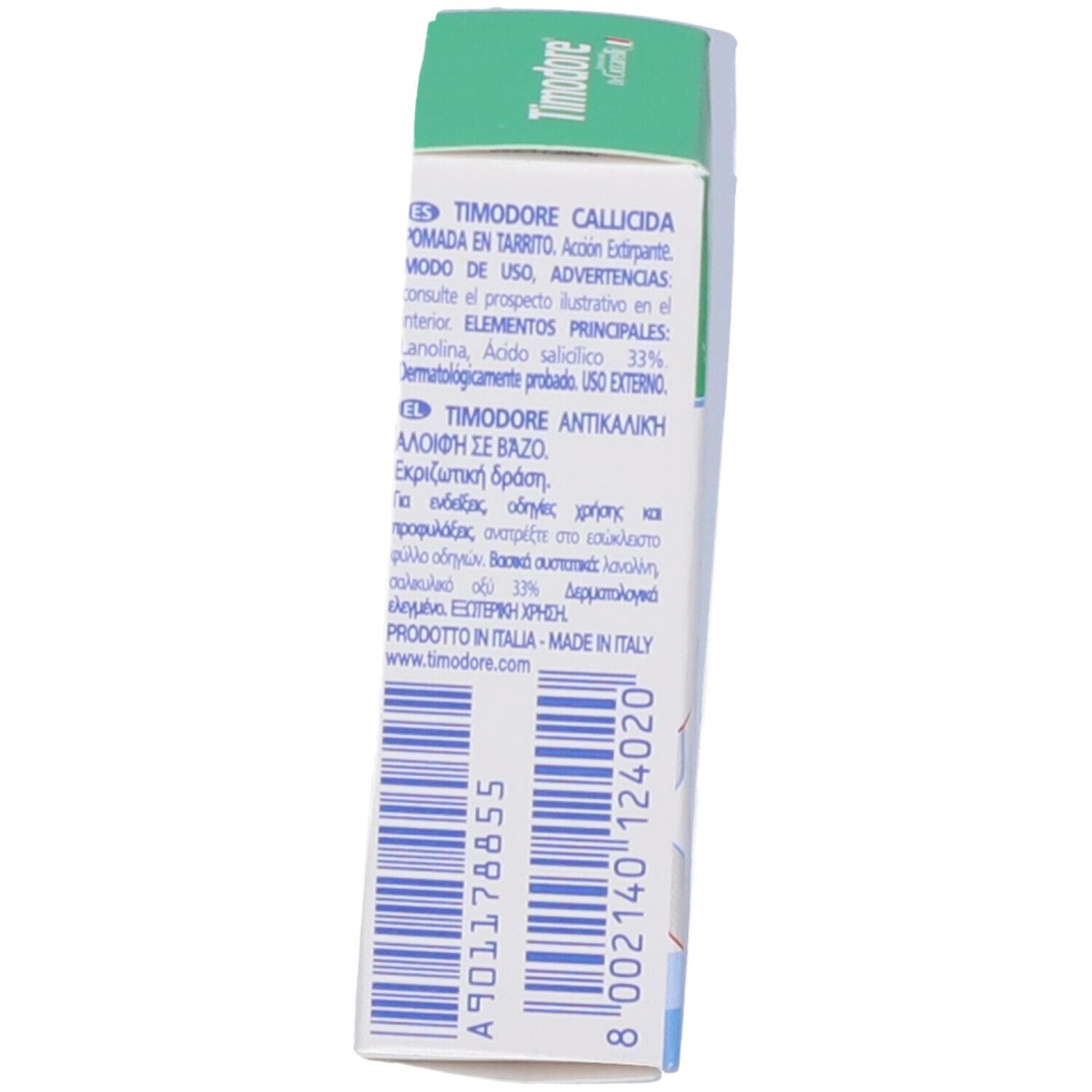 Seitenansicht der Verpackung von Timodore Callifugo Salbe. Enthält Inhaltsstoffe und Barcode.