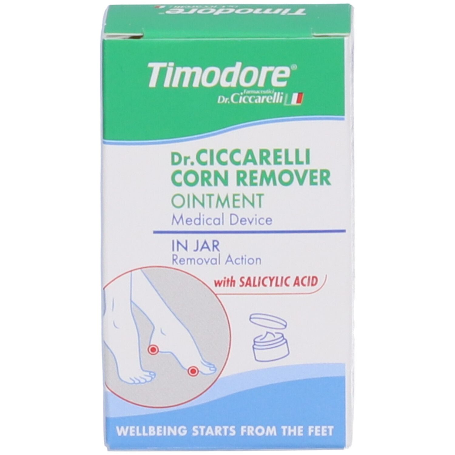 Verpackung für Dr. Ciccarelli Corn Remover Ointment. Medizinprodukt mit Salicylsäure.