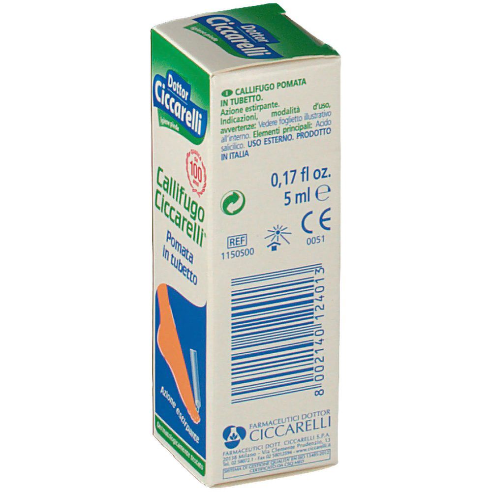 Retro della scatola. Testo: Callifugo Pomata in tubetto. 0,17 fl. oz. 5 ml. Marchio CE. Codice a barre e informazioni produttore.