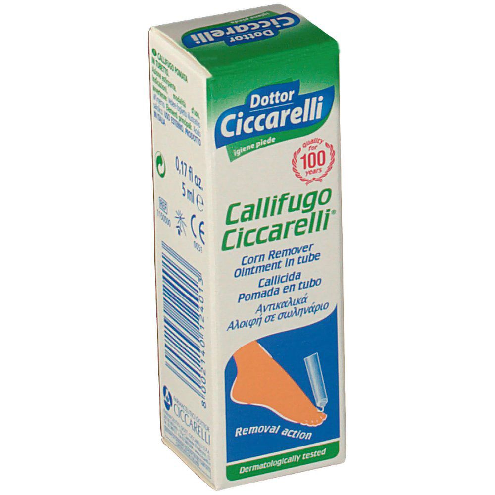 Scatola Callifugo Ciccarelli. Testo: Corn Remover Ointment in tube. Illustrazione piede e tubetto. Confezione verde e bianca.