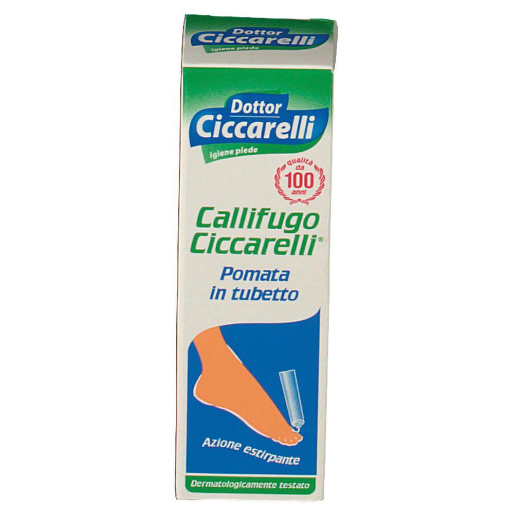Scatola Callifugo Ciccarelli. Testo: Pomata in tubetto. Illustrazione piede e tubetto. Confezione verde e bianca.