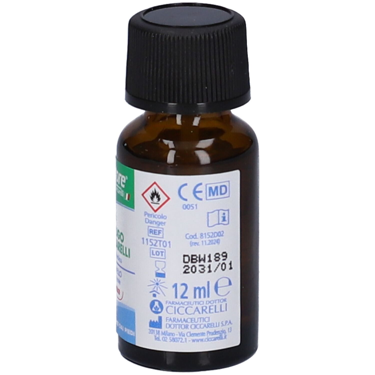 Braune Glasflasche mit Etikett, das CE-Kennzeichnung, medizinische Gerätekennung und 12 ml Volumen angibt.