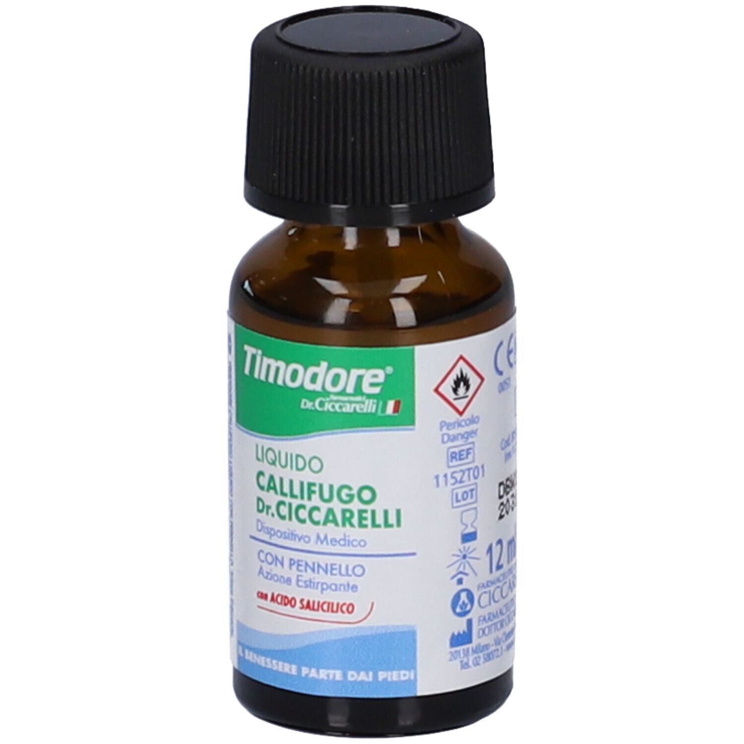 Braune Glasflasche mit schwarzem Schraubverschluss, Etikett mit Produktinformationen, CE-Kennzeichnung und 12 ml.