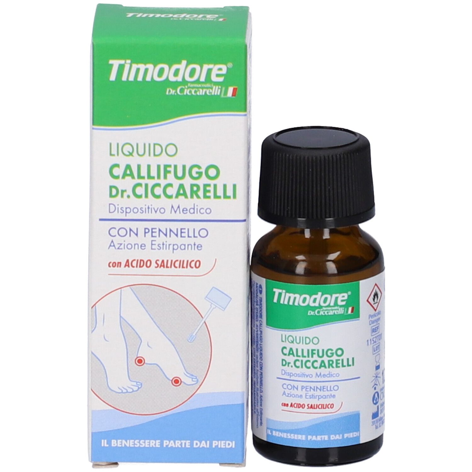 Verpackung mit Flasche und Karton, die das Produkt 'Callifugo Dr. Ciccarelli' mit Pinselapplikator zeigen.