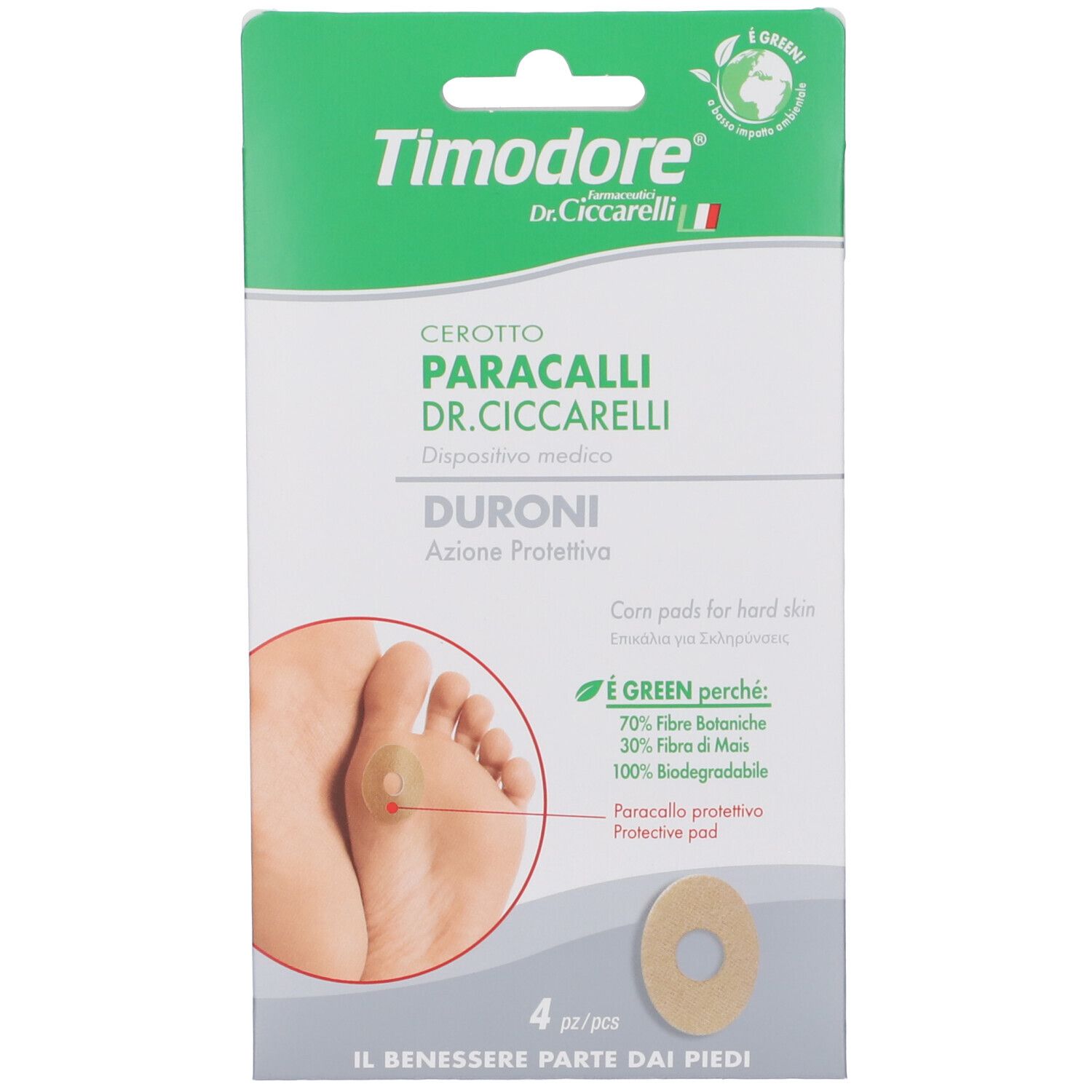 Verpackung für Timodore Dr. Ciccarelli Hühneraugenpflaster. Grüne Box mit Abbildung eines Fußes.